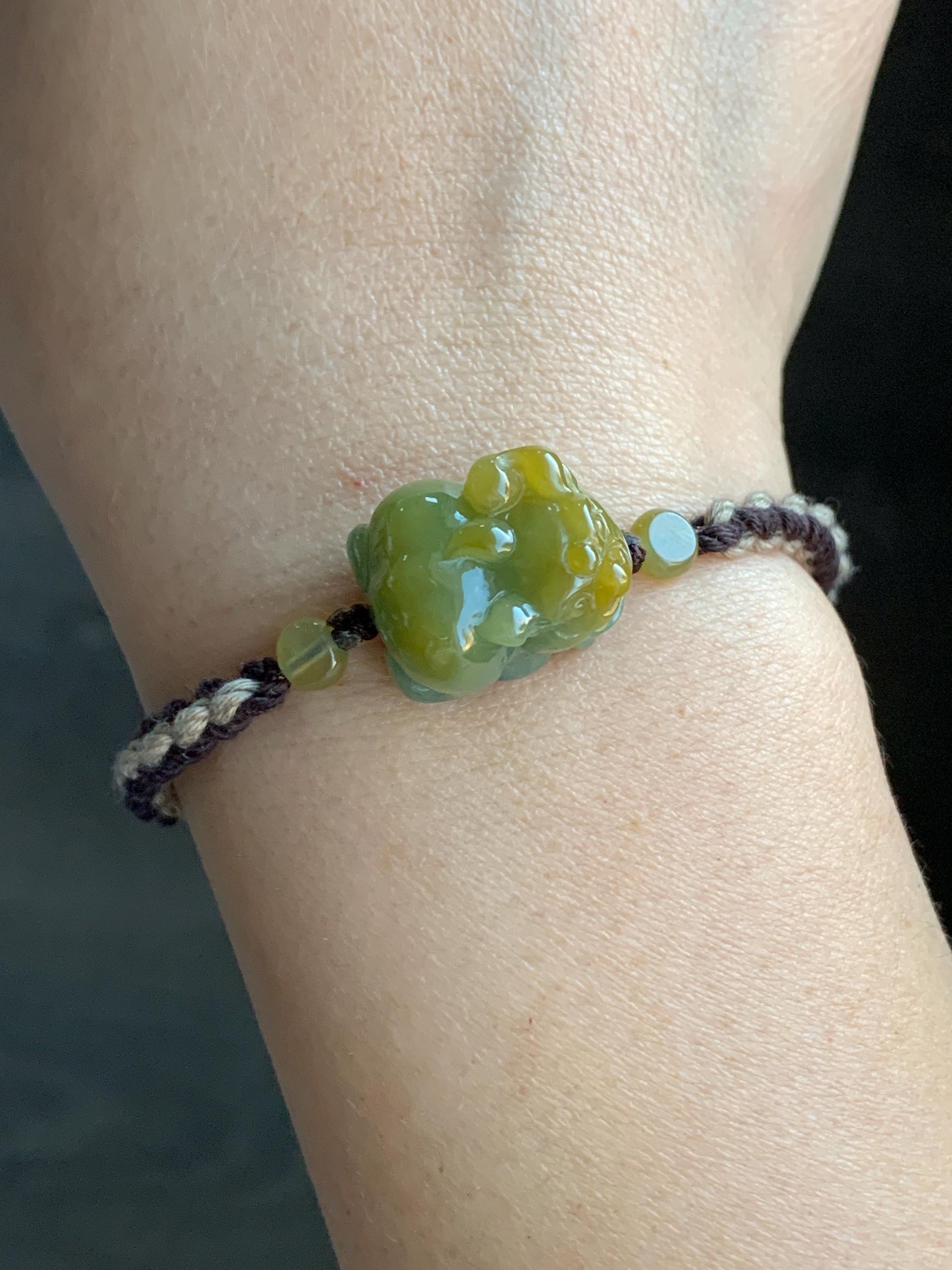 Certified Natural Guatemalan Icy Translucent Gelatinous Bright Yellow Marbled Jadeite Pixiu Rope Bracelet 5.5”-9.5” 天然冰胶危黄蓝翡翠貔貅手绳 7797