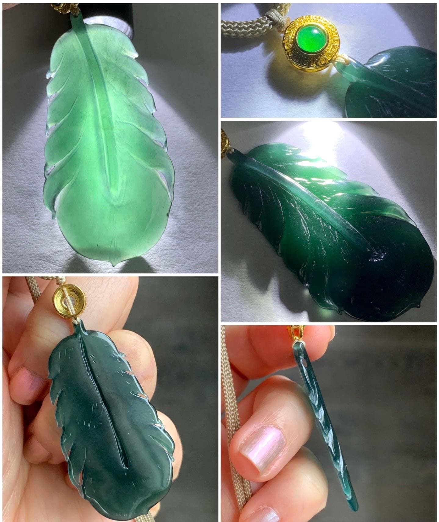 Natural Guatemalan Icy Translucent Gelatinous Deep Teal Green Jadeite Feather Pendant Rope Necklace 25" 10g Sterling Silver 天然冰胶危湖水绿翡翠羽毛吊坠