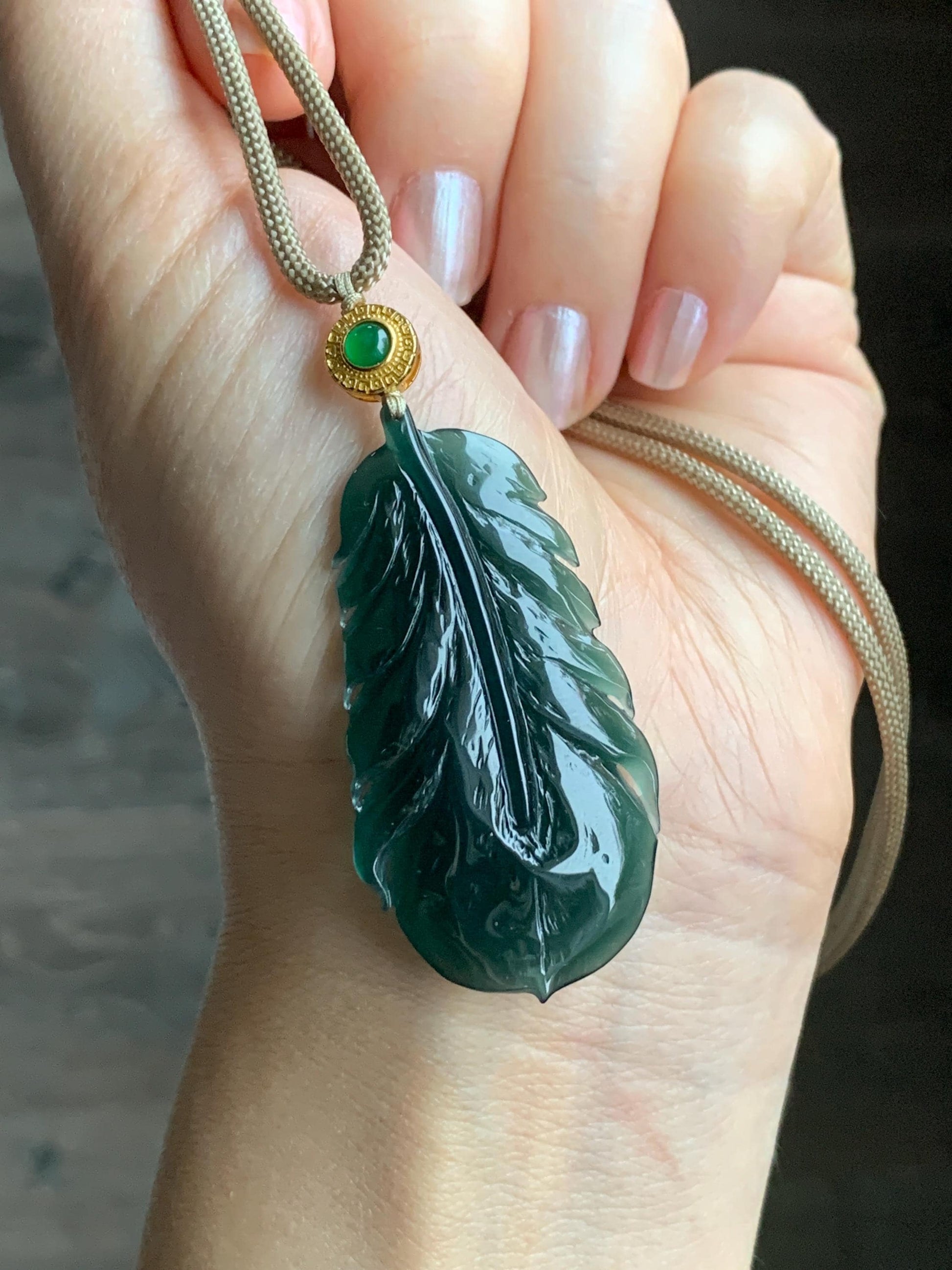Natural Guatemalan Icy Translucent Gelatinous Deep Teal Green Jadeite Feather Pendant Rope Necklace 25" 10g Sterling Silver 天然冰胶危湖水绿翡翠羽毛吊坠