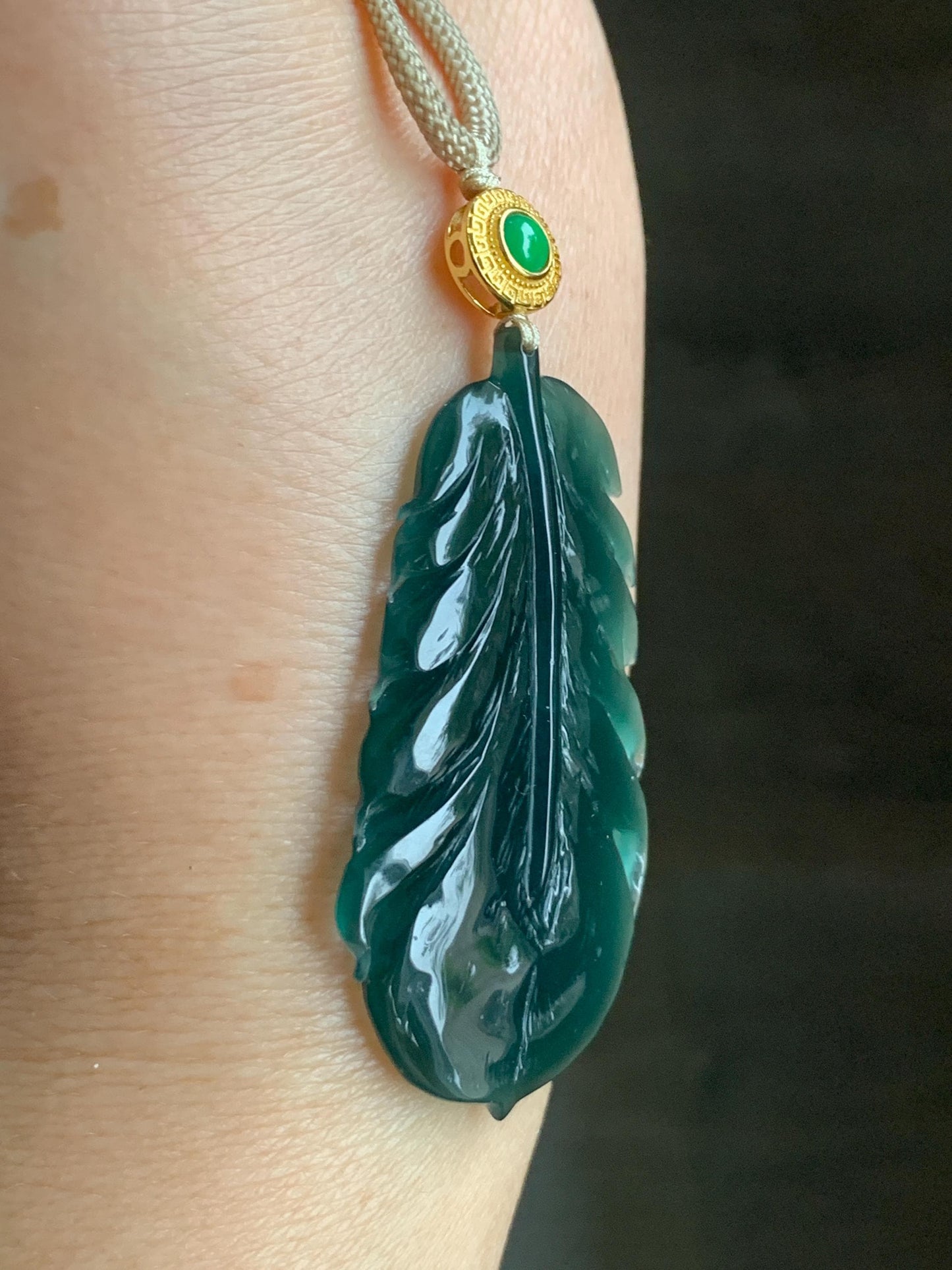 Natural Guatemalan Icy Translucent Gelatinous Deep Teal Green Jadeite Feather Pendant Rope Necklace 25" 10g Sterling Silver 天然冰胶危湖水绿翡翠羽毛吊坠