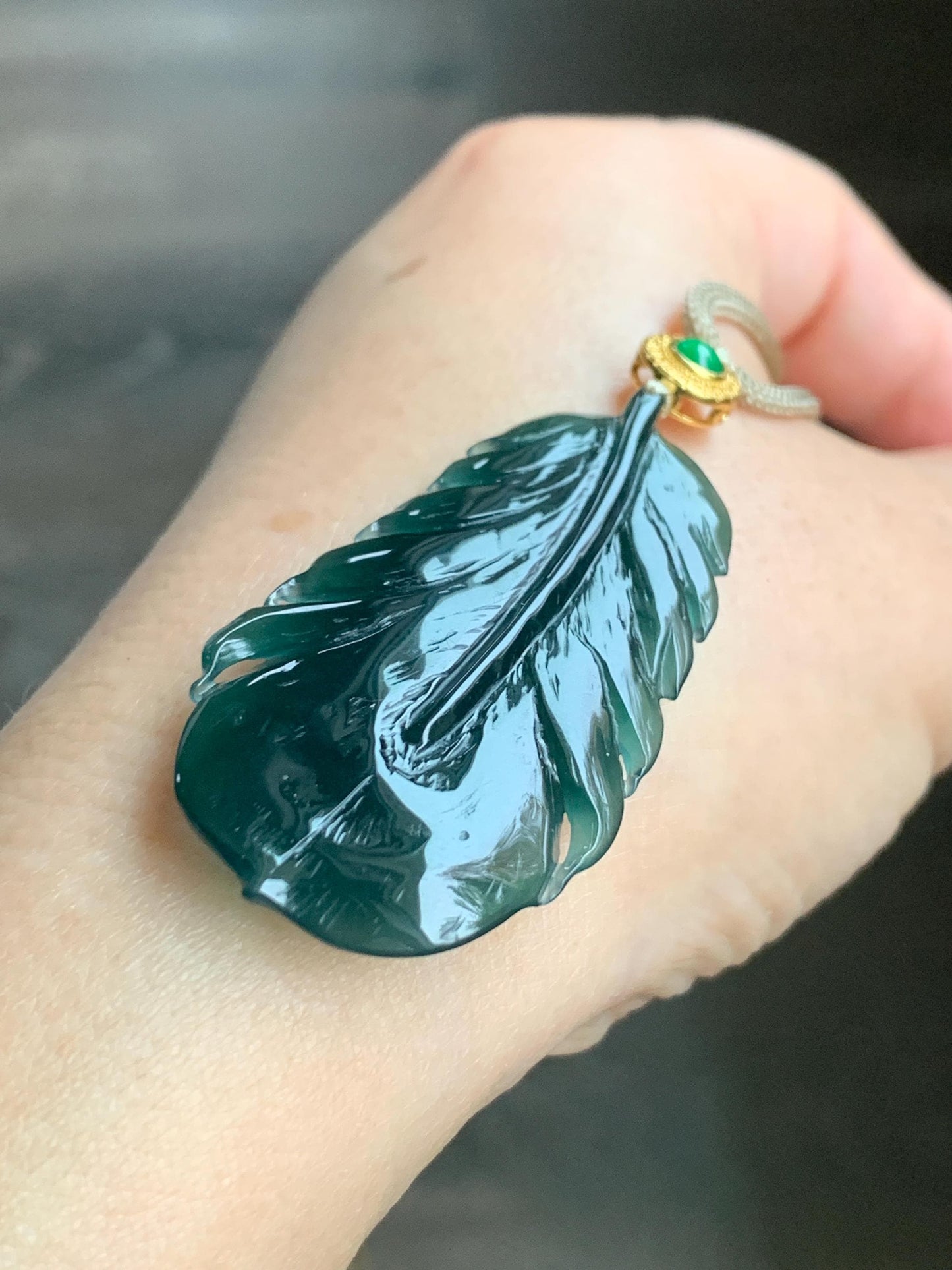 Natural Guatemalan Icy Translucent Gelatinous Deep Teal Green Jadeite Feather Pendant Rope Necklace 25" 10g Sterling Silver 天然冰胶危湖水绿翡翠羽毛吊坠