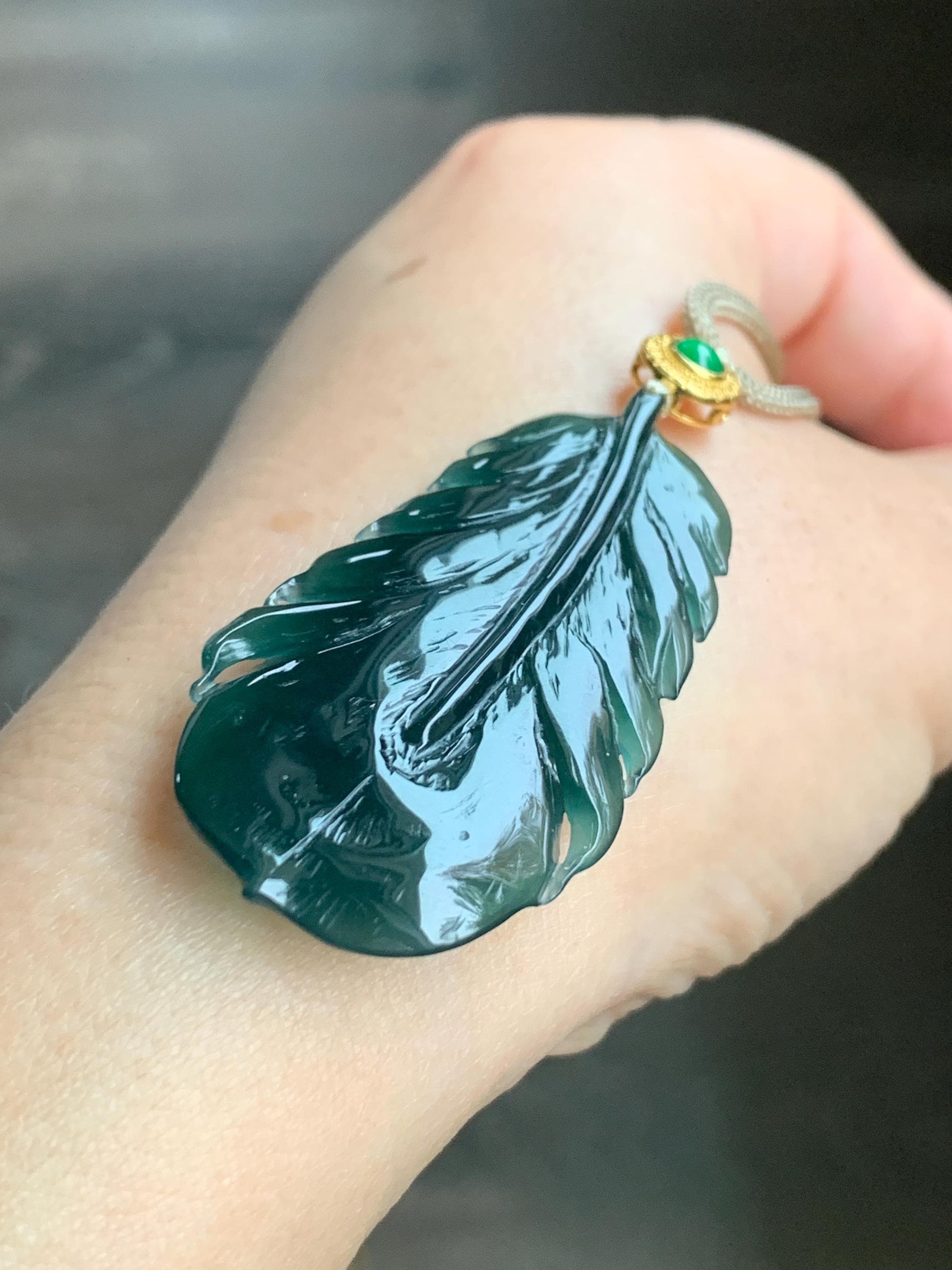 Natural Guatemalan Icy Translucent Gelatinous Deep Teal Green Jadeite Feather Pendant Rope Necklace 25" 10g Sterling Silver 天然冰胶危湖水绿翡翠羽毛吊坠