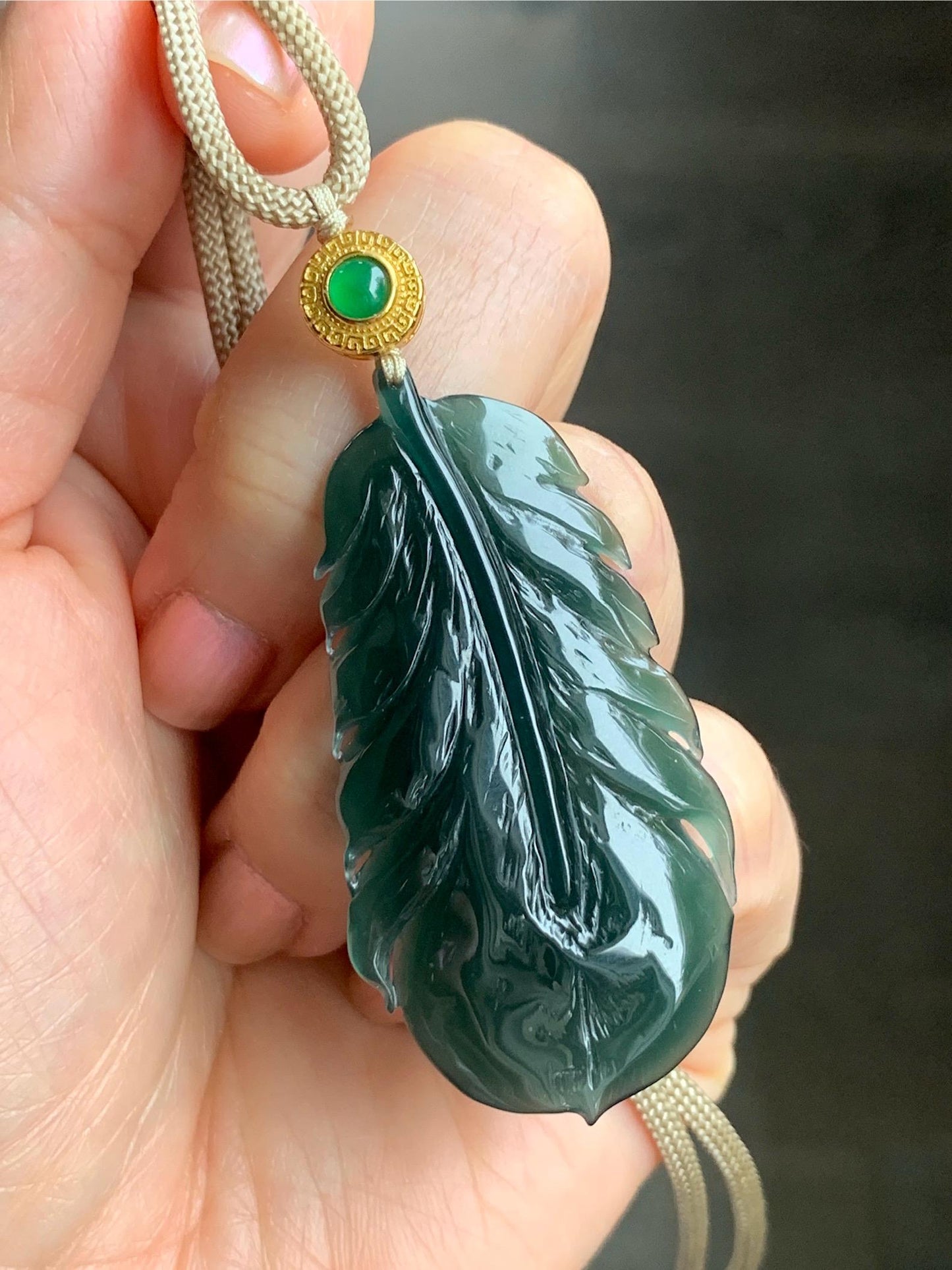 Natural Guatemalan Icy Translucent Gelatinous Deep Teal Green Jadeite Feather Pendant Rope Necklace 25" 10g Sterling Silver 天然冰胶危湖水绿翡翠羽毛吊坠