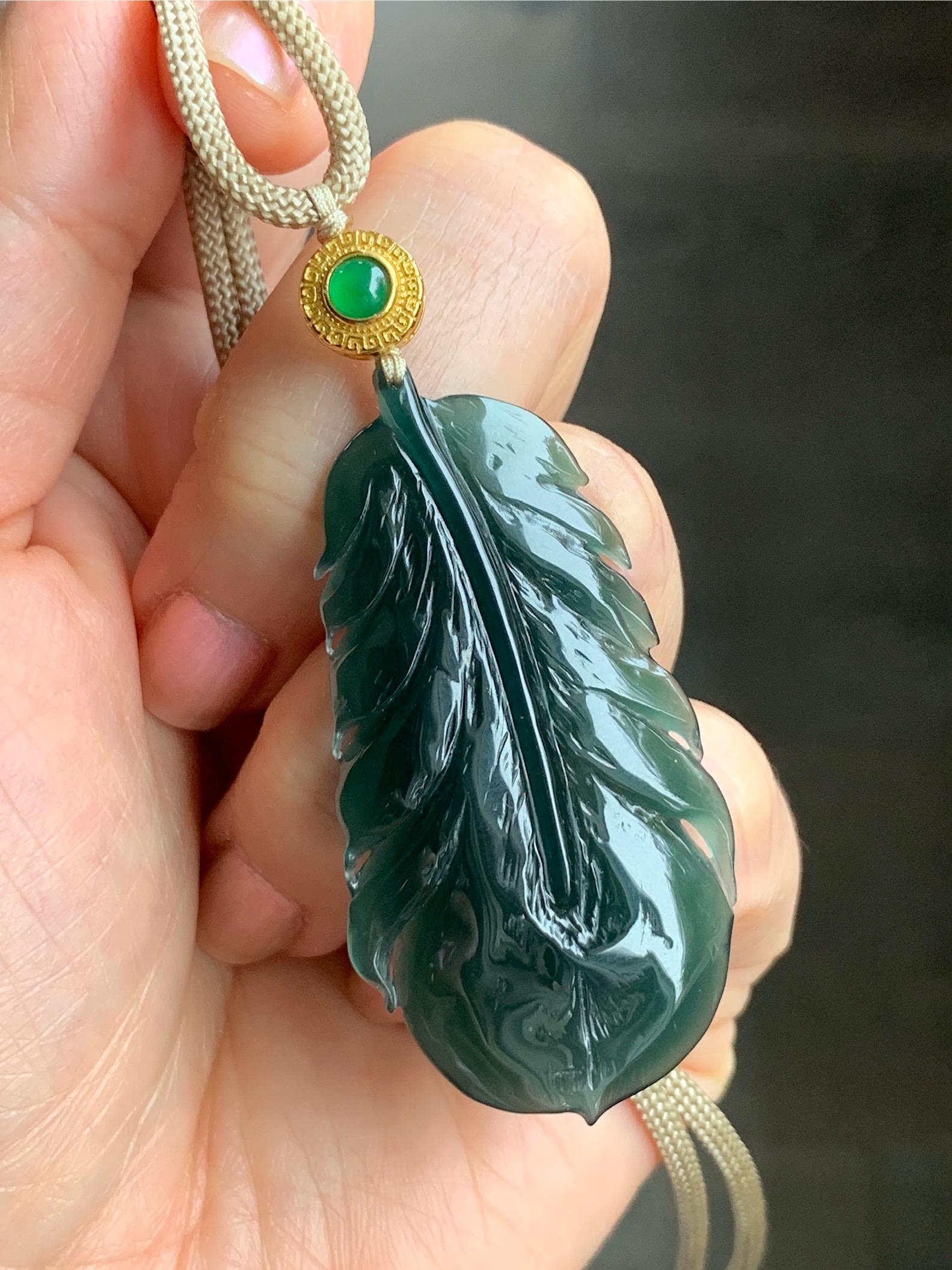 Natural Guatemalan Icy Translucent Gelatinous Deep Teal Green Jadeite Feather Pendant Rope Necklace 25" 10g Sterling Silver 天然冰胶危湖水绿翡翠羽毛吊坠