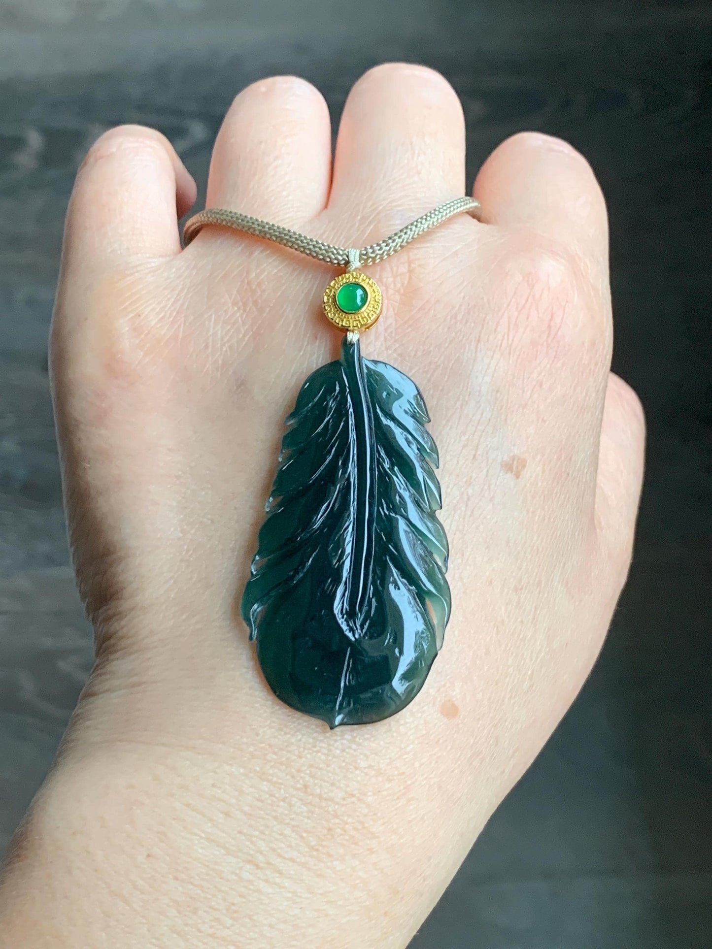 Natural Guatemalan Icy Translucent Gelatinous Deep Teal Green Jadeite Feather Pendant Rope Necklace 25" 10g Sterling Silver 天然冰胶危湖水绿翡翠羽毛吊坠