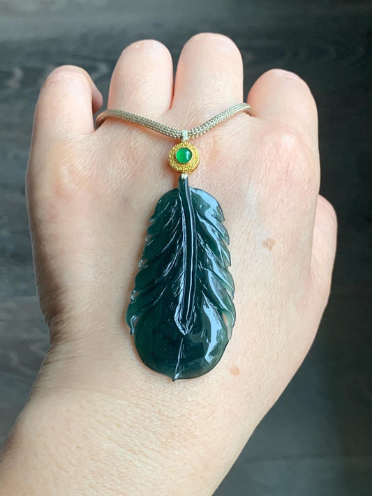 Natural Guatemalan Icy Translucent Gelatinous Deep Teal Green Jadeite Feather Pendant Rope Necklace 25" 10g Sterling Silver 天然冰胶危湖水绿翡翠羽毛吊坠