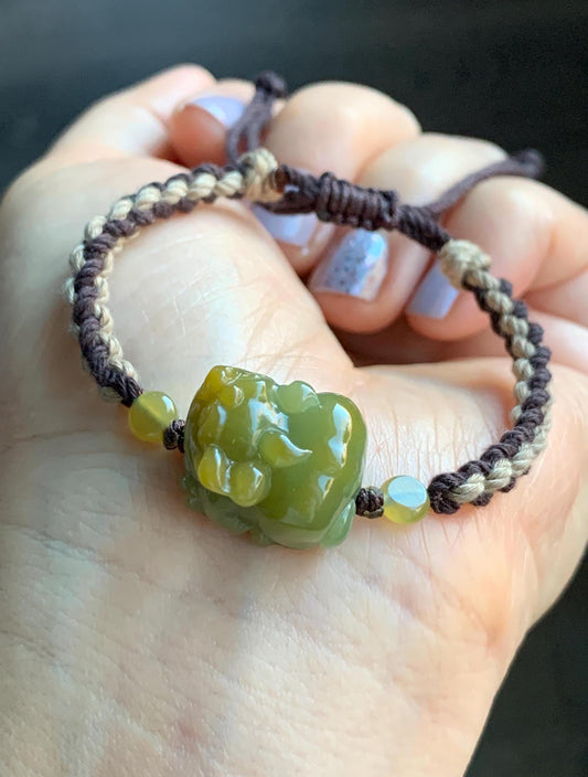 Certified Natural Guatemalan Icy Translucent Gelatinous Bright Yellow Marbled Jadeite Pixiu Rope Bracelet 5.5”-9.5” 天然冰胶危黄蓝翡翠貔貅手绳 7797