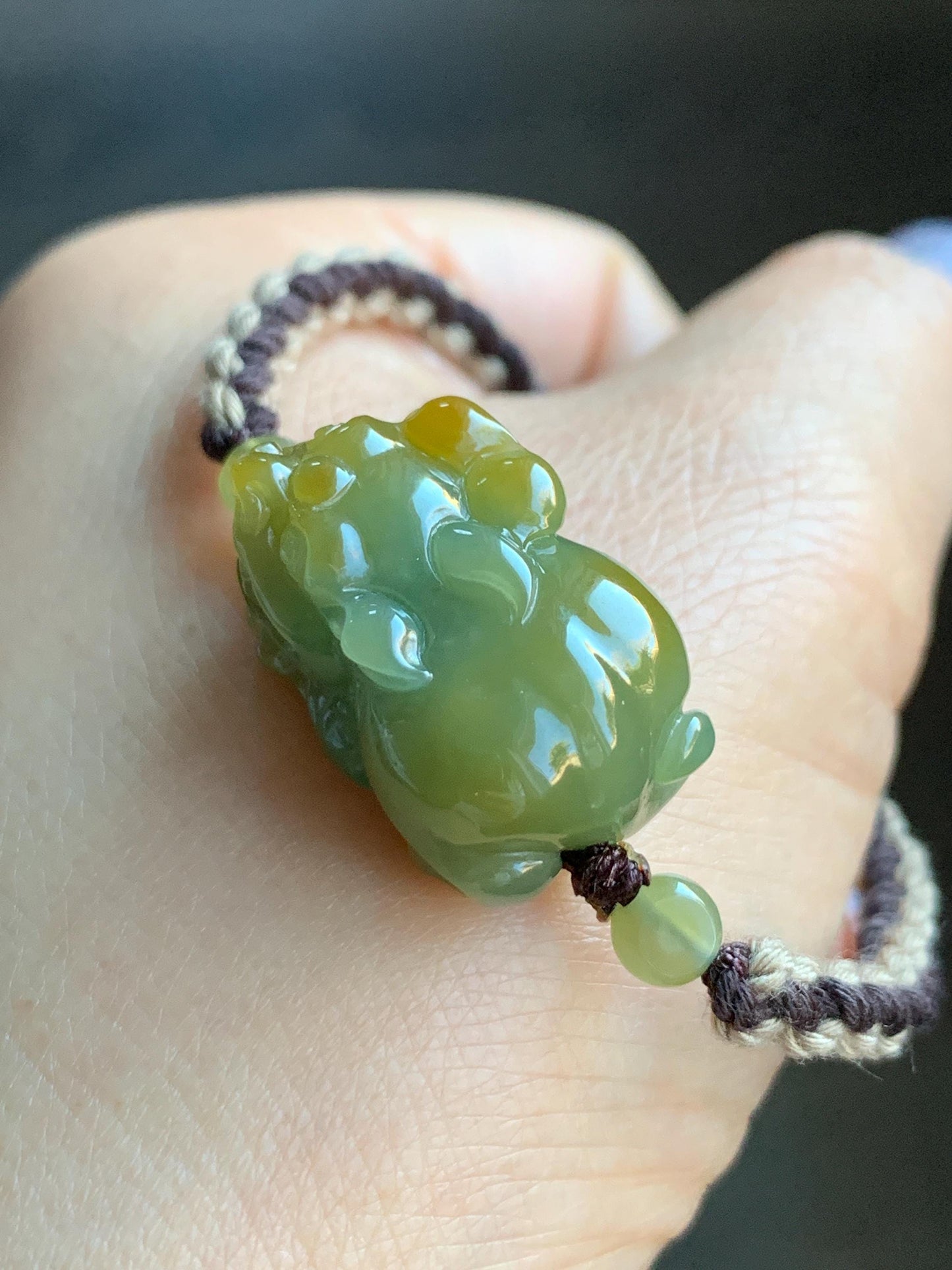 Certified Natural Guatemalan Icy Translucent Gelatinous Bright Yellow Marbled Jadeite Pixiu Rope Bracelet 5.75”-9.75” 天然冰胶危黄蓝翡翠貔貅手绳 7798
