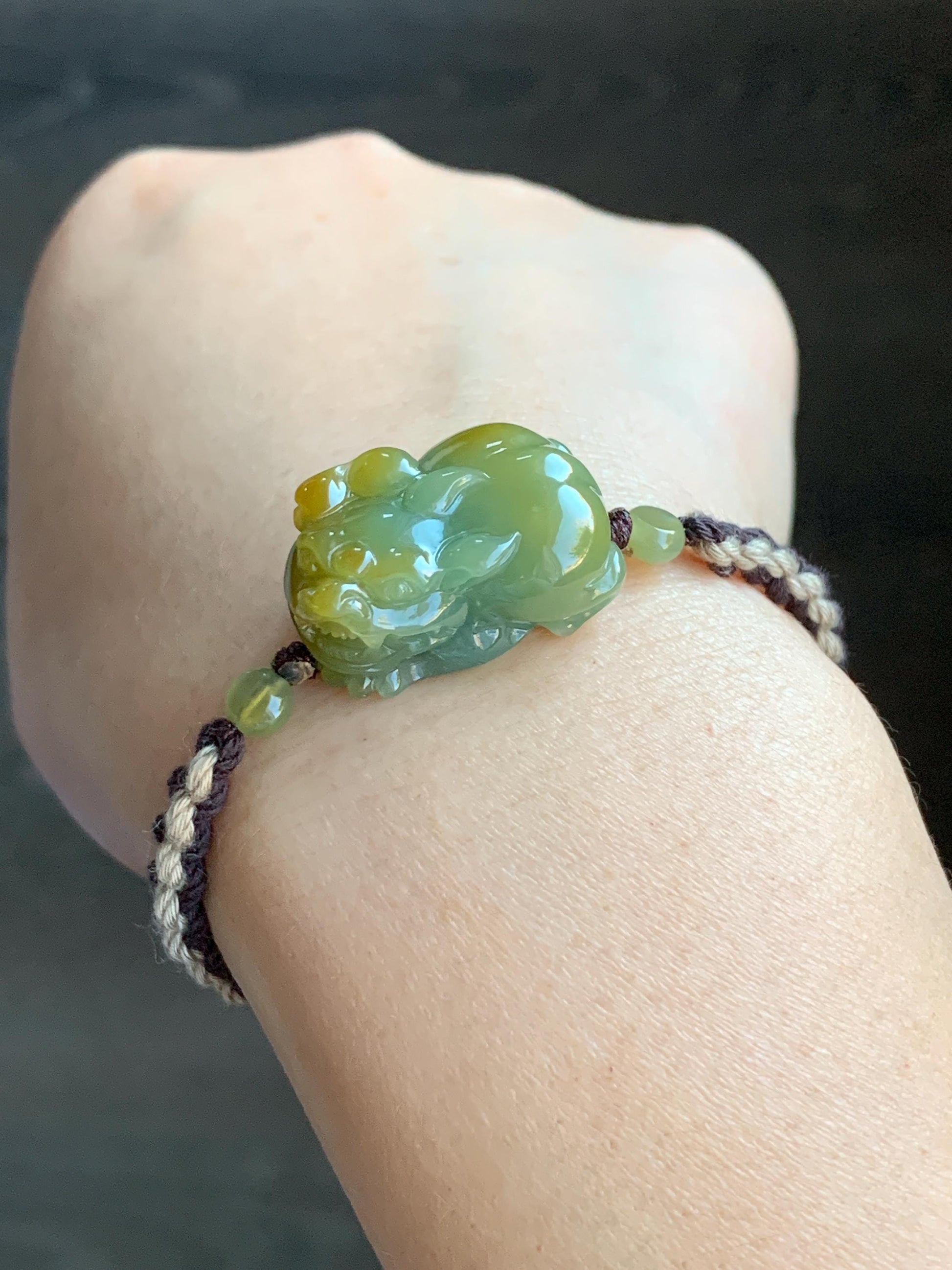 Certified Natural Guatemalan Icy Translucent Gelatinous Bright Yellow Marbled Jadeite Pixiu Rope Bracelet 5.75”-9.75” 天然冰胶危黄蓝翡翠貔貅手绳 7798