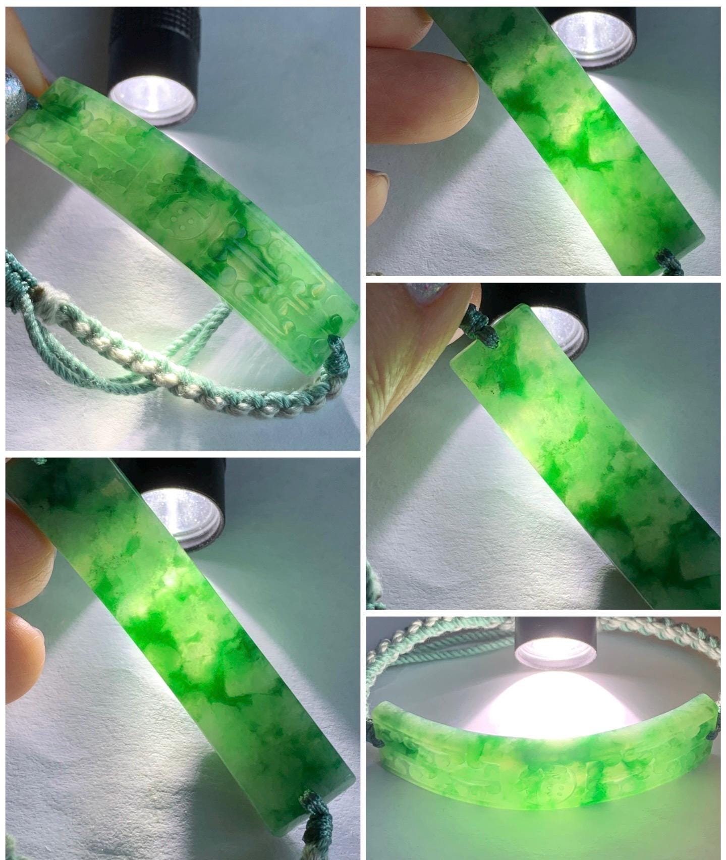 Certified Natural Burmese Icy Translucent Light Green Dark Green Marbled Jadeite Happiness Cuff Rope Bracelet 6.75” 天然缅甸冰飘绿翡翠福字手牌手绳 7840