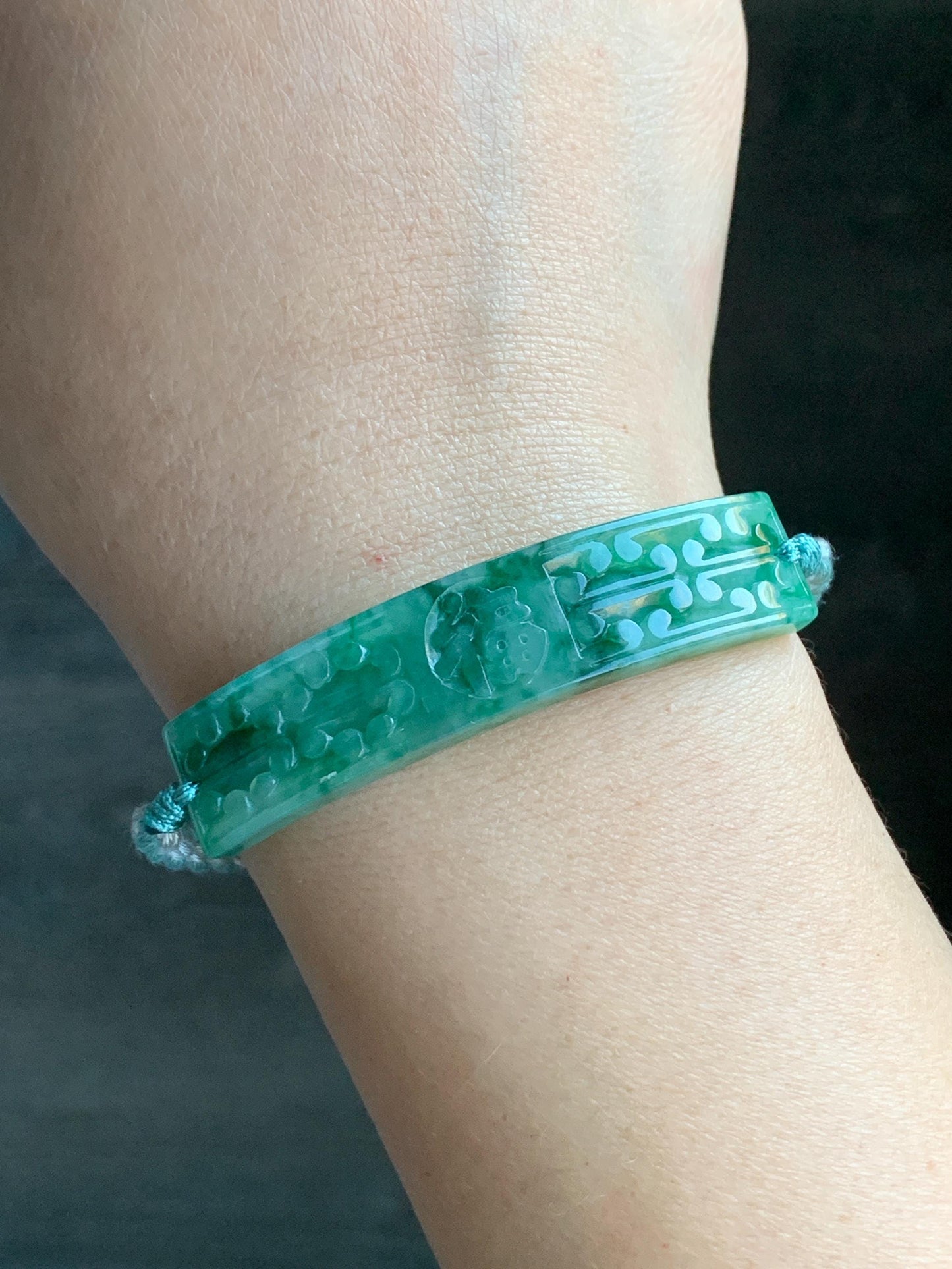 Certified Natural Burmese Icy Translucent Light Green Dark Green Marbled Jadeite Happiness Cuff Rope Bracelet 6.75” 天然缅甸冰飘绿翡翠福字手牌手绳 7840