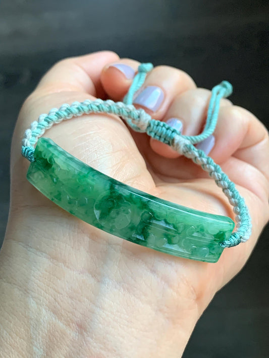 Certified Natural Burmese Icy Translucent Light Green Dark Green Marbled Jadeite Happiness Cuff Rope Bracelet 6.75” 天然缅甸冰飘绿翡翠福字手牌手绳 7840