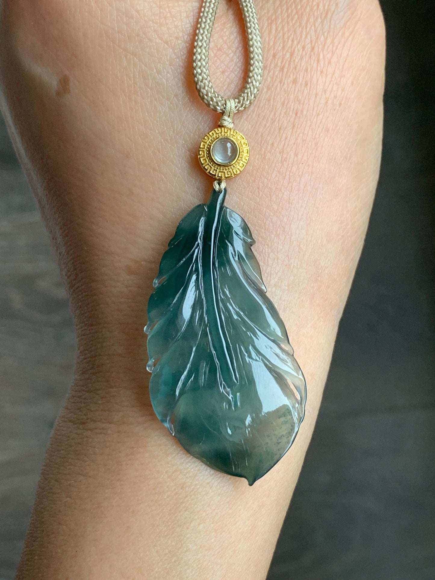 Natural Guatemalan Icy Translucent Gelatinous Deep Teal Green Jadeite Feather Pendant Rope Necklace 25" 10g Sterling Silver 天然冰胶危湖水绿翡翠羽毛吊坠