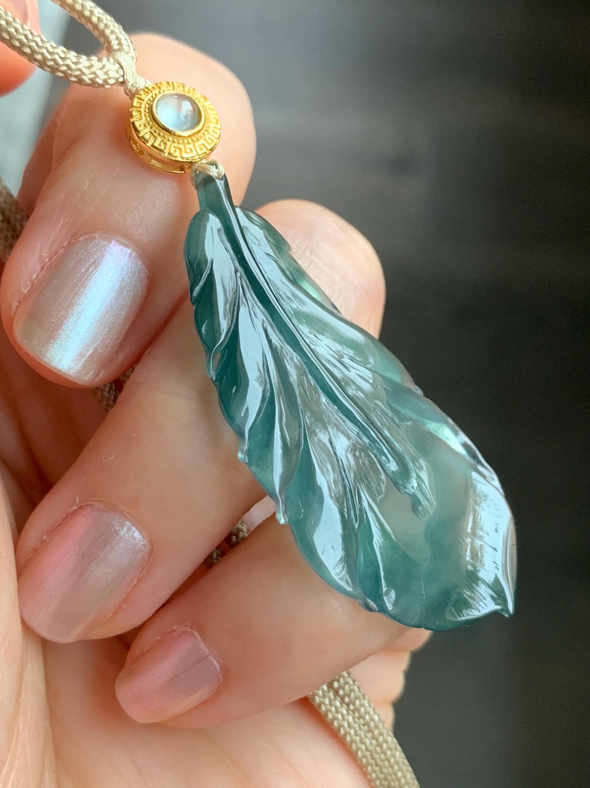 Natural Guatemalan Icy Translucent Gelatinous Deep Teal Green Jadeite Feather Pendant Rope Necklace 25" 10g Sterling Silver 天然冰胶危湖水绿翡翠羽毛吊坠