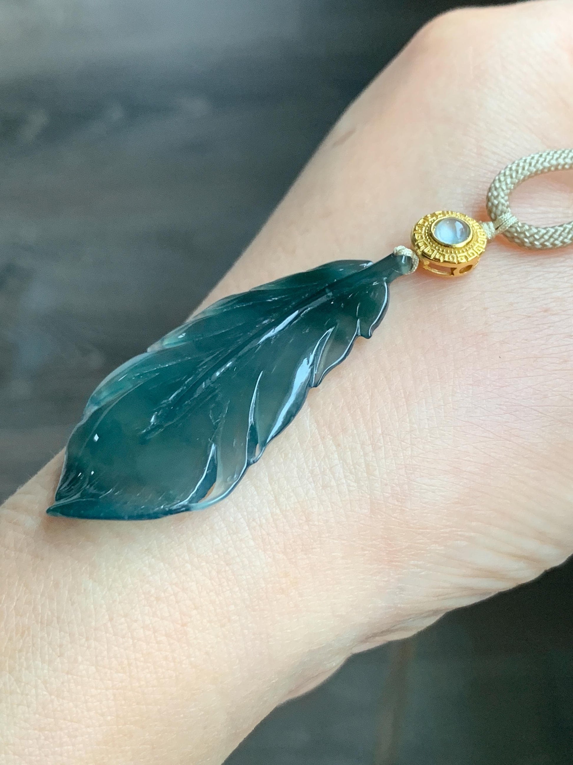 Natural Guatemalan Icy Translucent Gelatinous Deep Teal Green Jadeite Feather Pendant Rope Necklace 25" 10g Sterling Silver 天然冰胶危湖水绿翡翠羽毛吊坠