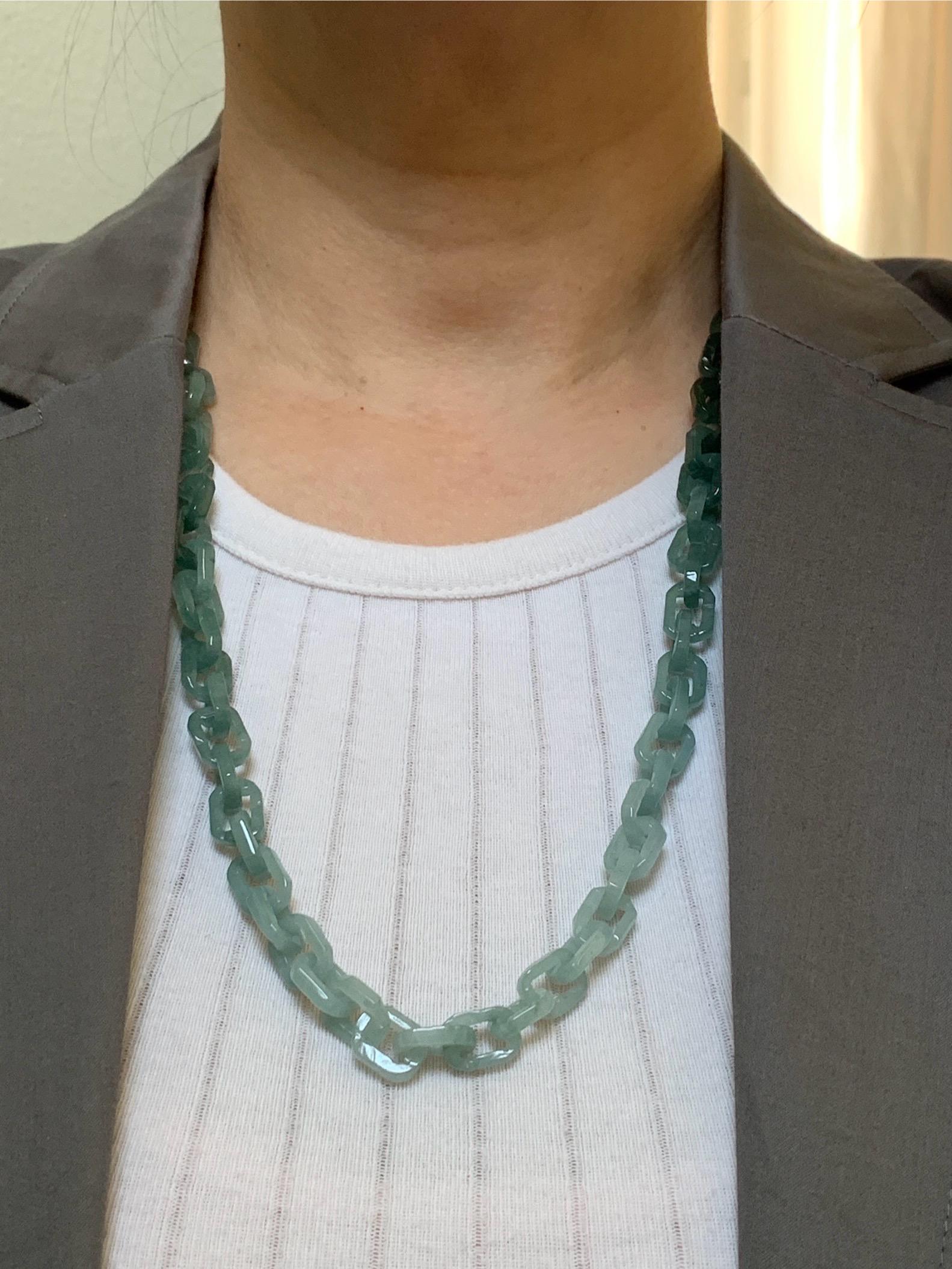 Certified Natural Guatemalan Icy Translucent Gradient Teal Blue Jadeite Interlocking Link Necklace Sterling Silver Closure 天然冰危渐变蓝翡翠环环相扣项链