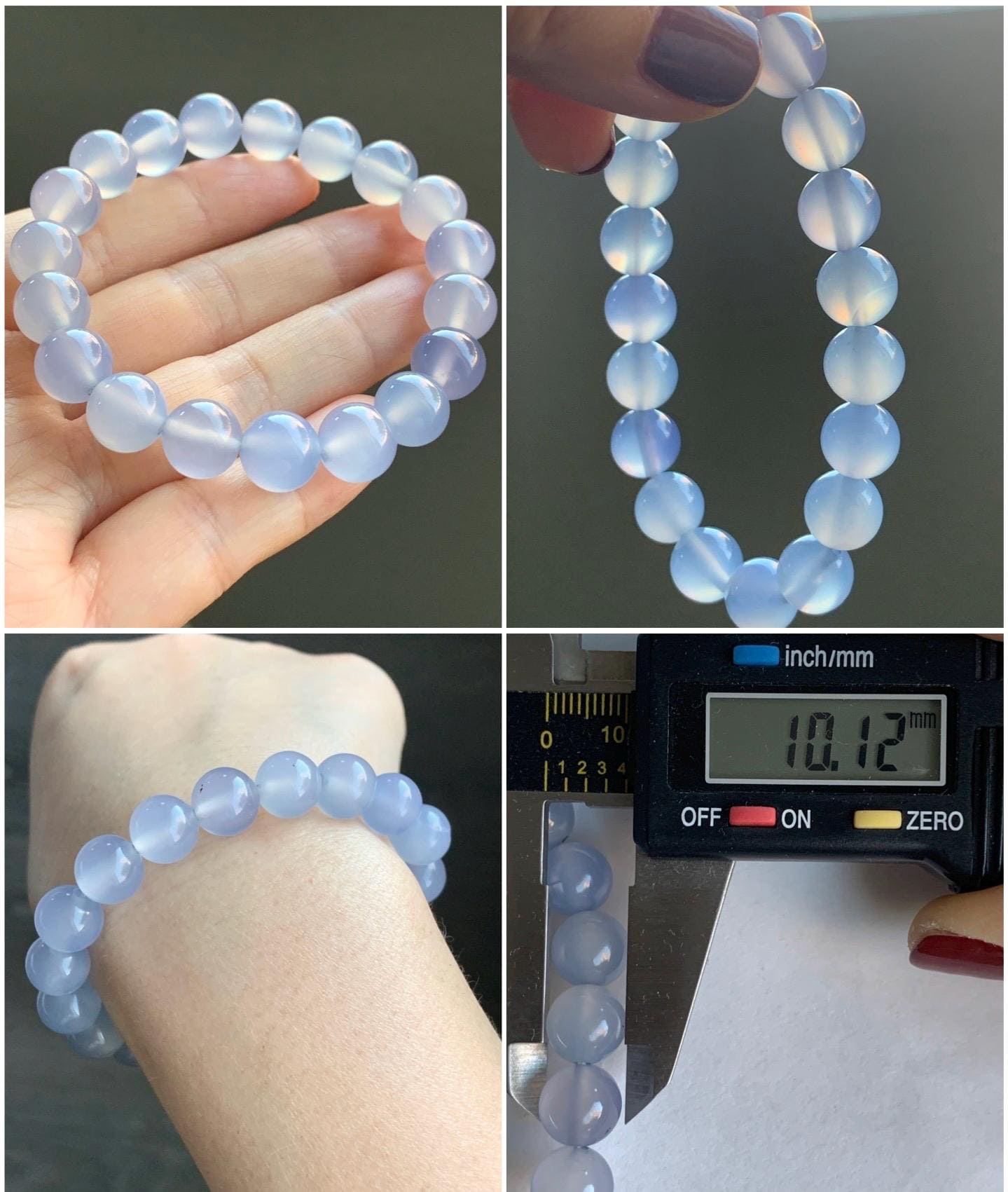 Natural Icy Highly Translucent Light Purplish Blue Agate Large Beads Beaded Bracelet 10mm 26g 7” 天然高冰品质淡蓝紫玛瑙圆珠手串
