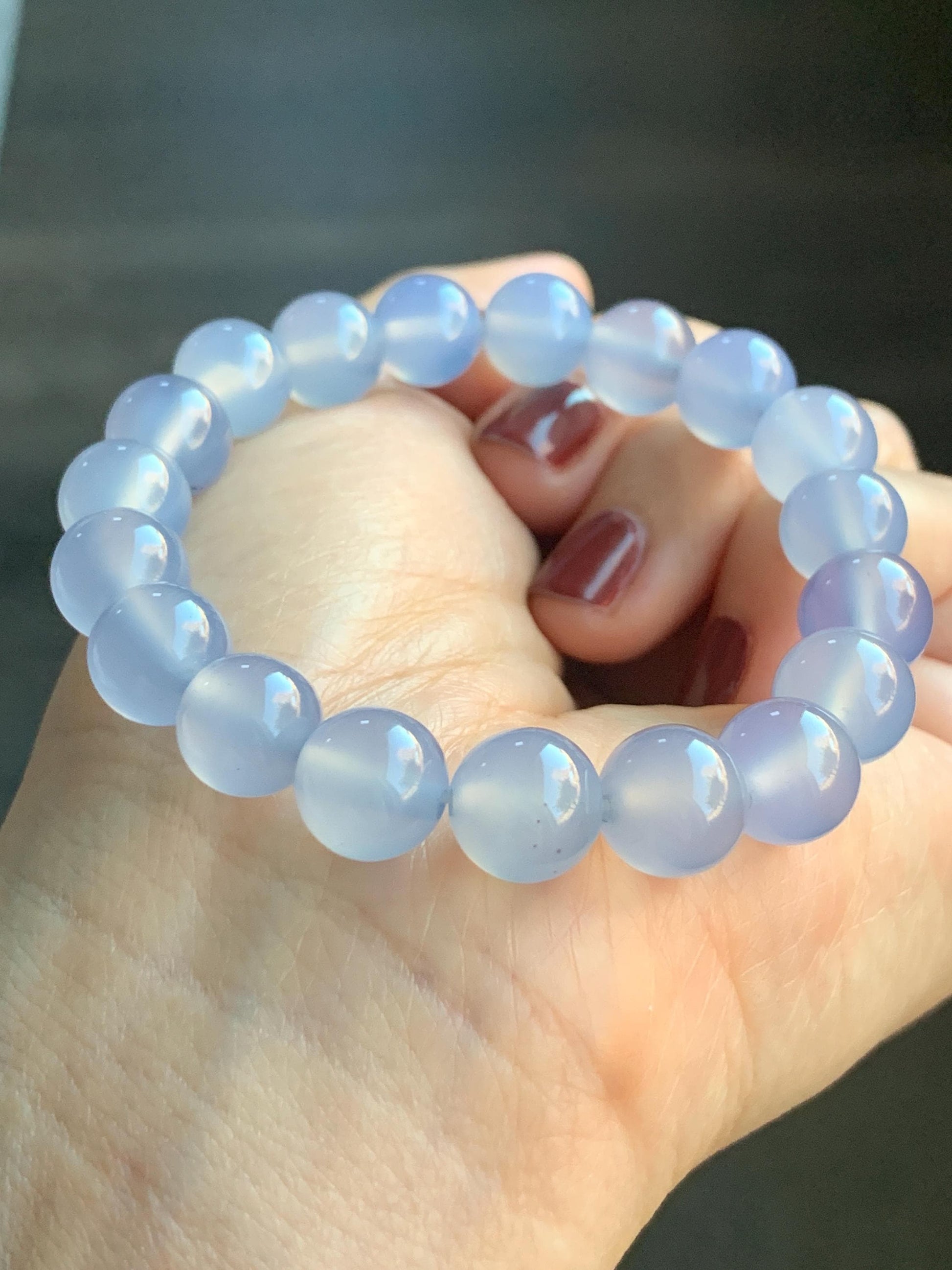 Natural Icy Highly Translucent Light Purplish Blue Agate Large Beads Beaded Bracelet 10mm 26g 7” 天然高冰品质淡蓝紫玛瑙圆珠手串