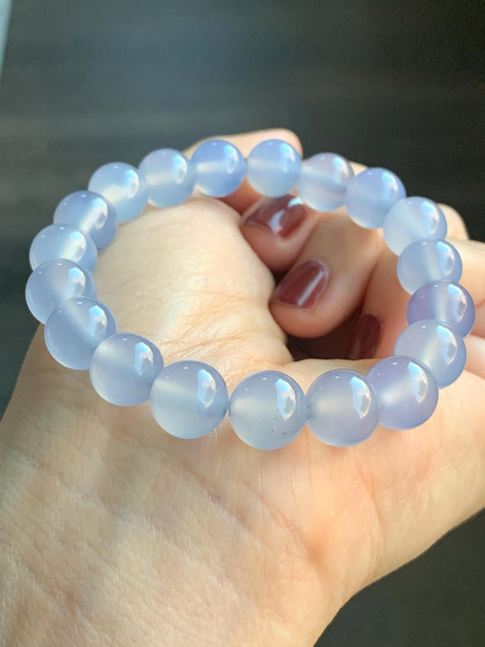 Natural Icy Highly Translucent Light Purplish Blue Agate Large Beads Beaded Bracelet 10mm 26g 7” 天然高冰品质淡蓝紫玛瑙圆珠手串