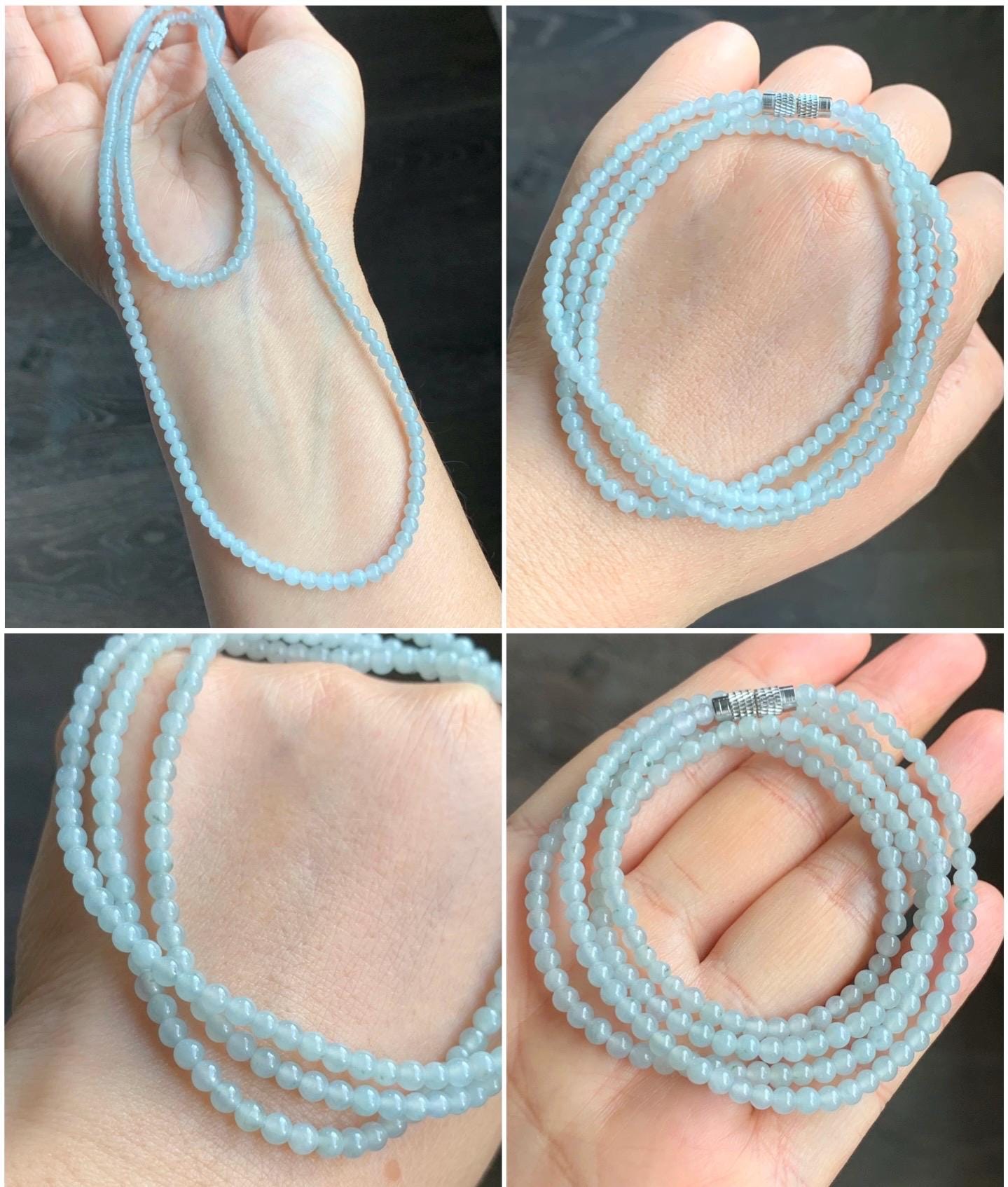 Natural Guatemalan Icy Translucent Gelatinous Pale Blue Jadeite Petite Beads Beaded Necklace 25” 3.3mm 13g 天然冰白危翡翠小卡珠项链 XWB100