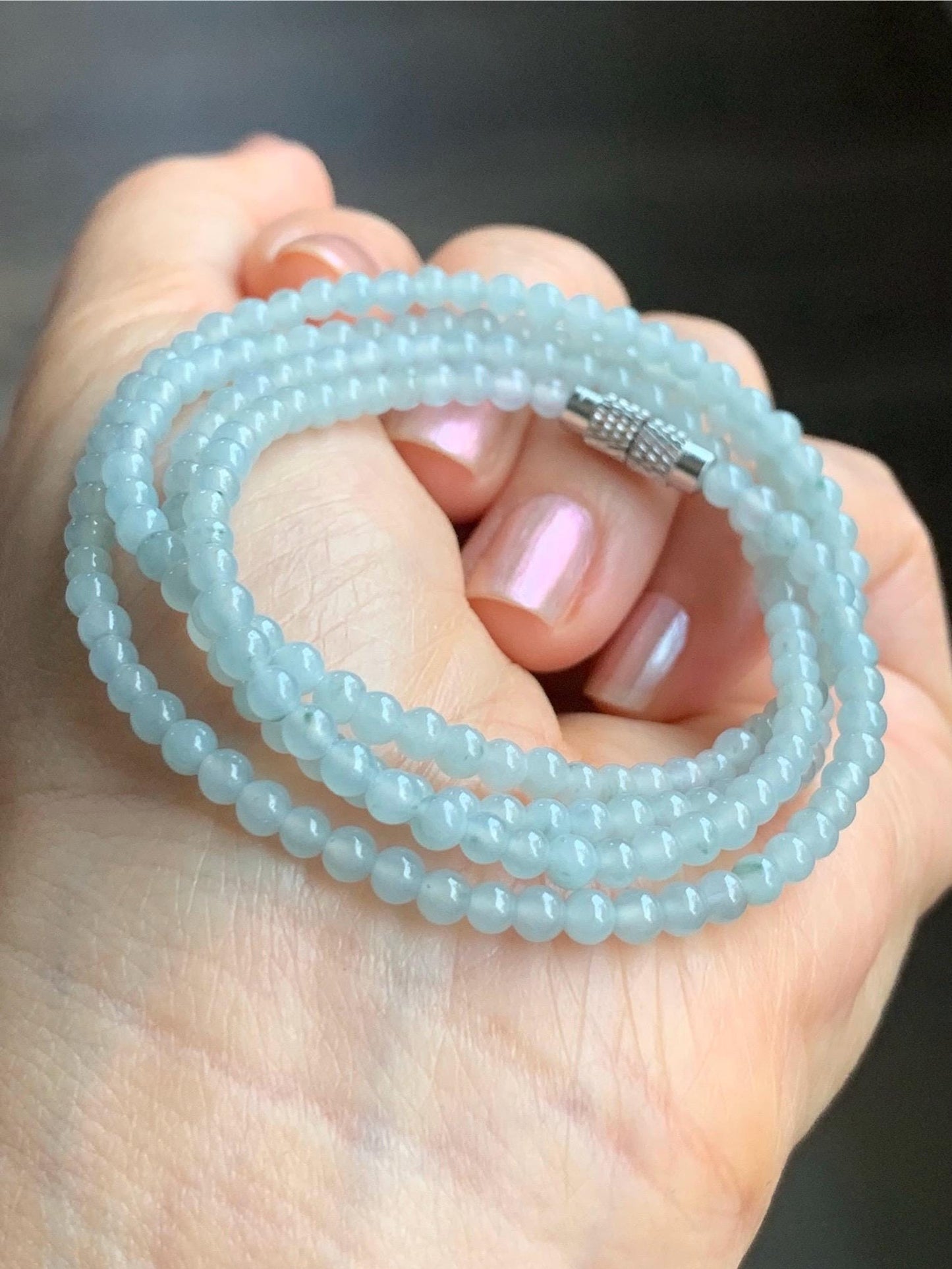 Natural Guatemalan Icy Translucent Gelatinous Pale Blue Jadeite Petite Beads Beaded Necklace 25” 3.3mm 13g 天然冰白危翡翠小卡珠项链 XWB100