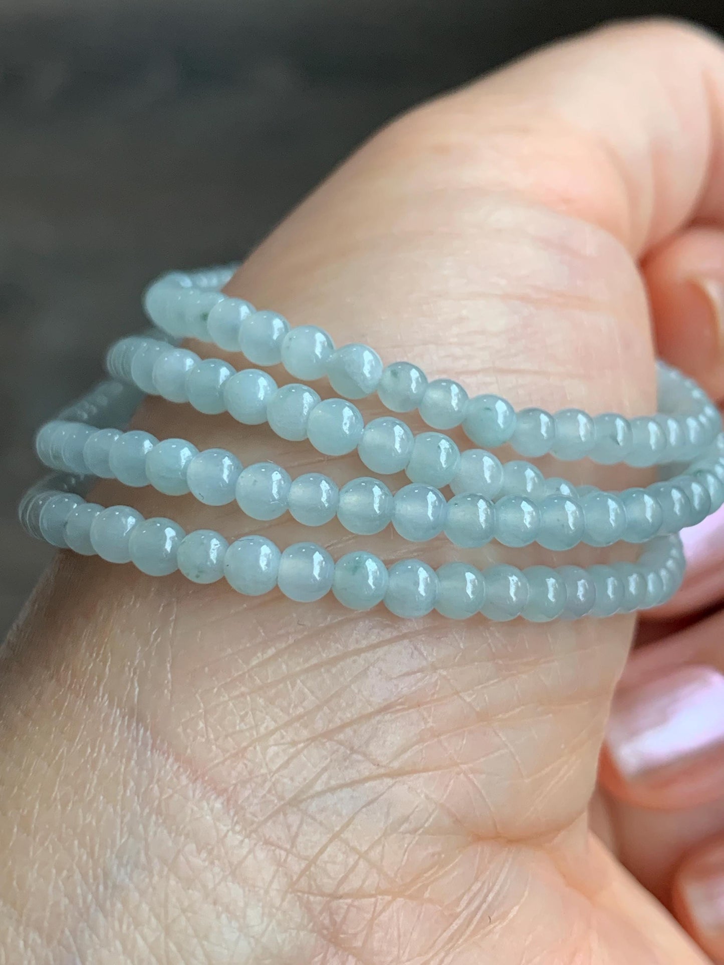 Natural Guatemalan Icy Translucent Gelatinous Pale Blue Jadeite Petite Beads Beaded Necklace 25” 3.3mm 13g 天然冰白危翡翠小卡珠项链 XWB100