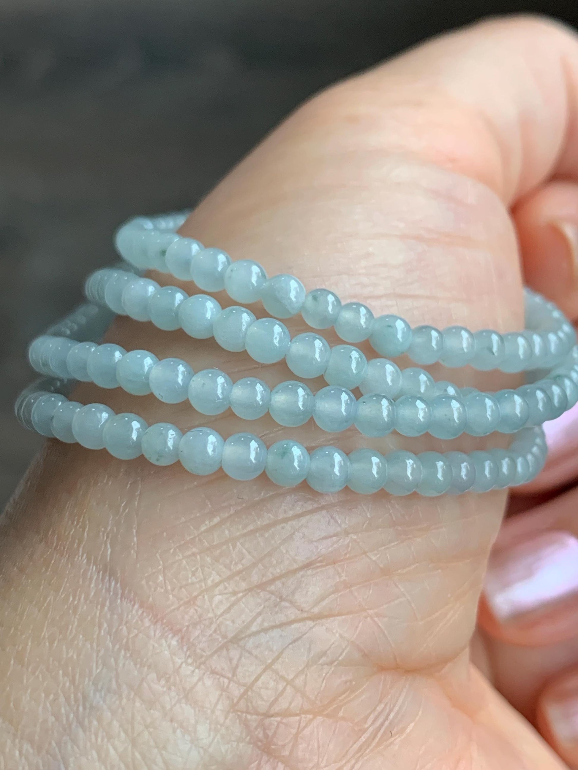 Natural Guatemalan Icy Translucent Gelatinous Pale Blue Jadeite Petite Beads Beaded Necklace 25” 3.3mm 13g 天然冰白危翡翠小卡珠项链 XWB100