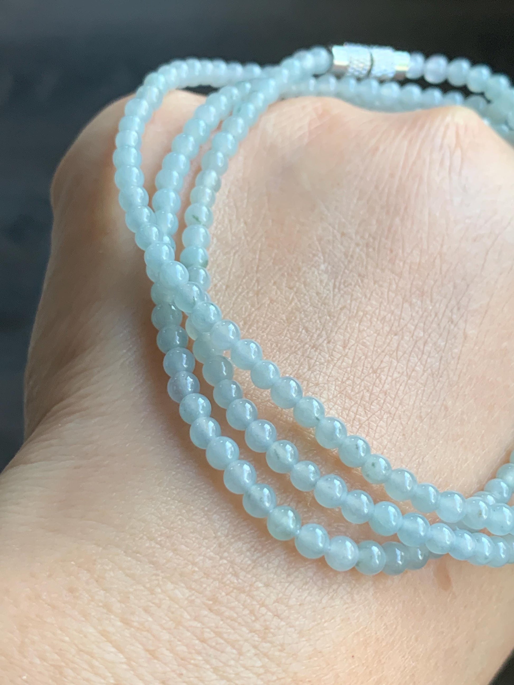 Natural Guatemalan Icy Translucent Gelatinous Pale Blue Jadeite Petite Beads Beaded Necklace 25” 3.3mm 13g 天然冰白危翡翠小卡珠项链 XWB100