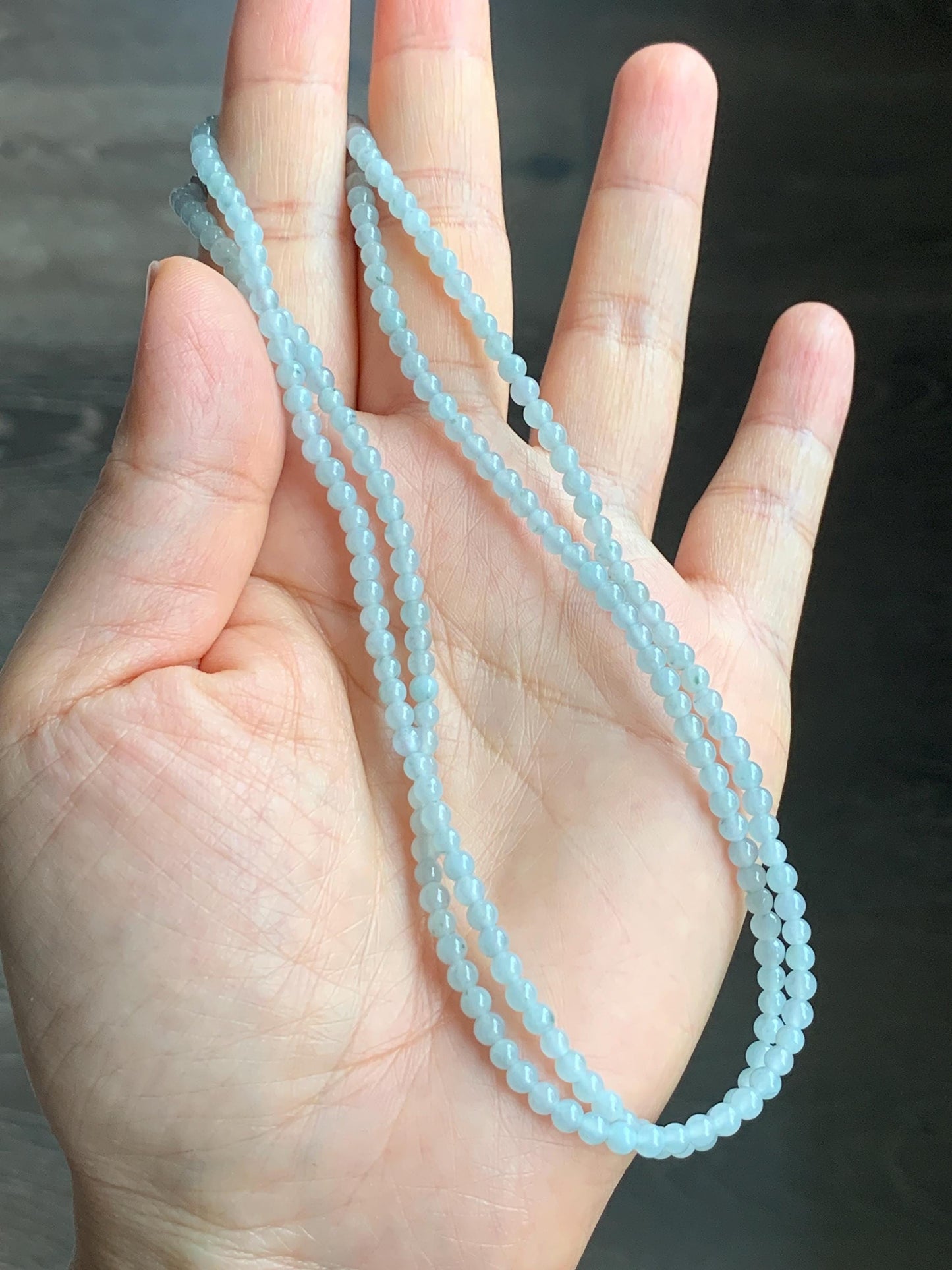 Natural Guatemalan Icy Translucent Gelatinous Pale Blue Jadeite Petite Beads Beaded Necklace 25” 3.3mm 13g 天然冰白危翡翠小卡珠项链 XWB100