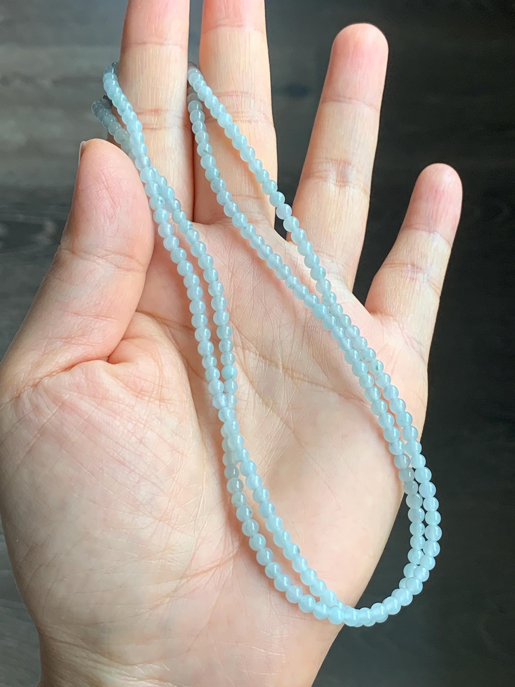 Natural Guatemalan Icy Translucent Gelatinous Pale Blue Jadeite Petite Beads Beaded Necklace 25” 3.3mm 13g 天然冰白危翡翠小卡珠项链 XWB100