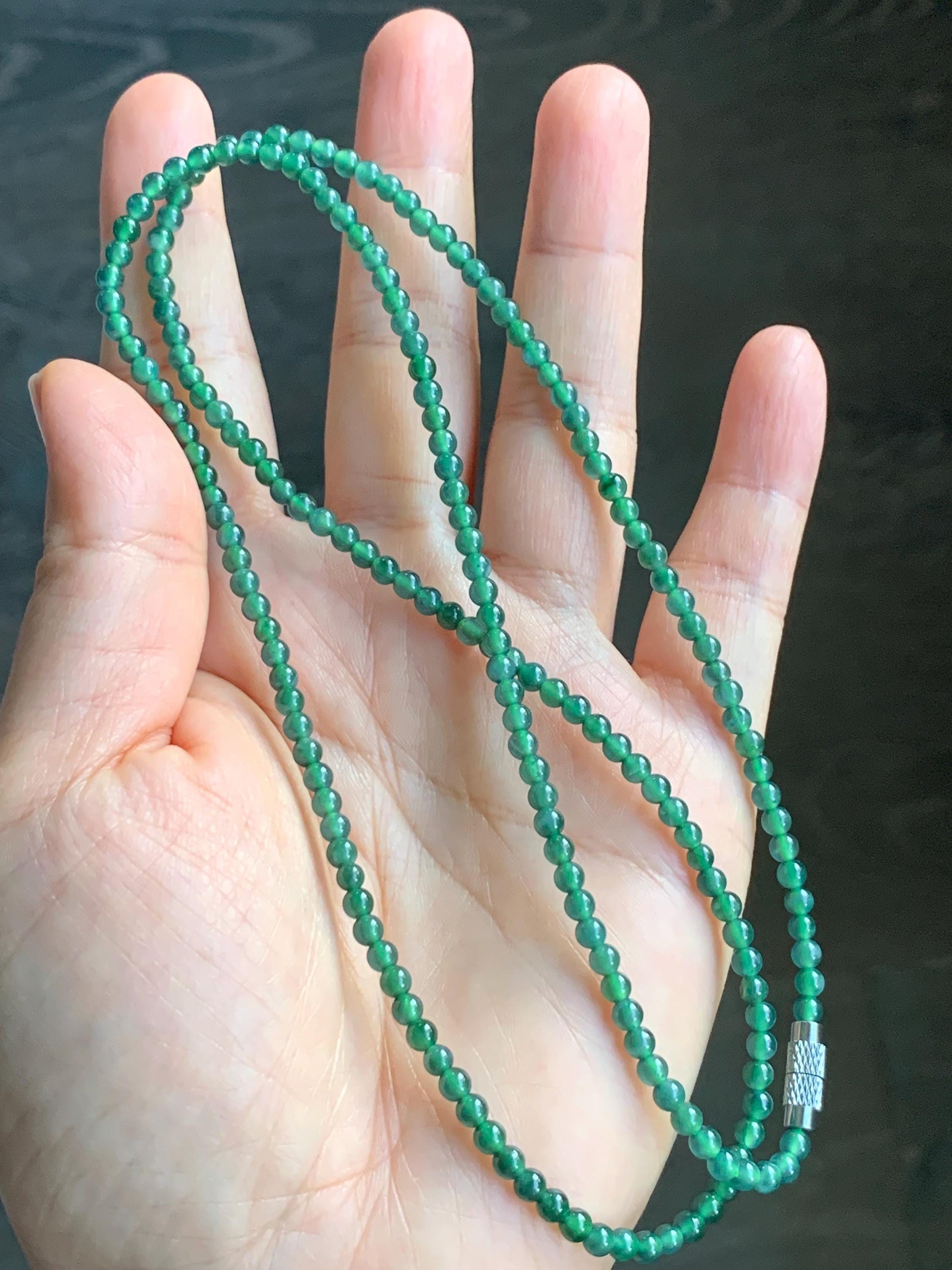 Natural Guatemalan Icy Translucent Gelatinous Dusty Teal Blue Jadeite Petite Beads Beaded Necklace 24.5” 3.4mm 13g 天然冰危蓝绿翡翠小卡珠项链 XWL100
