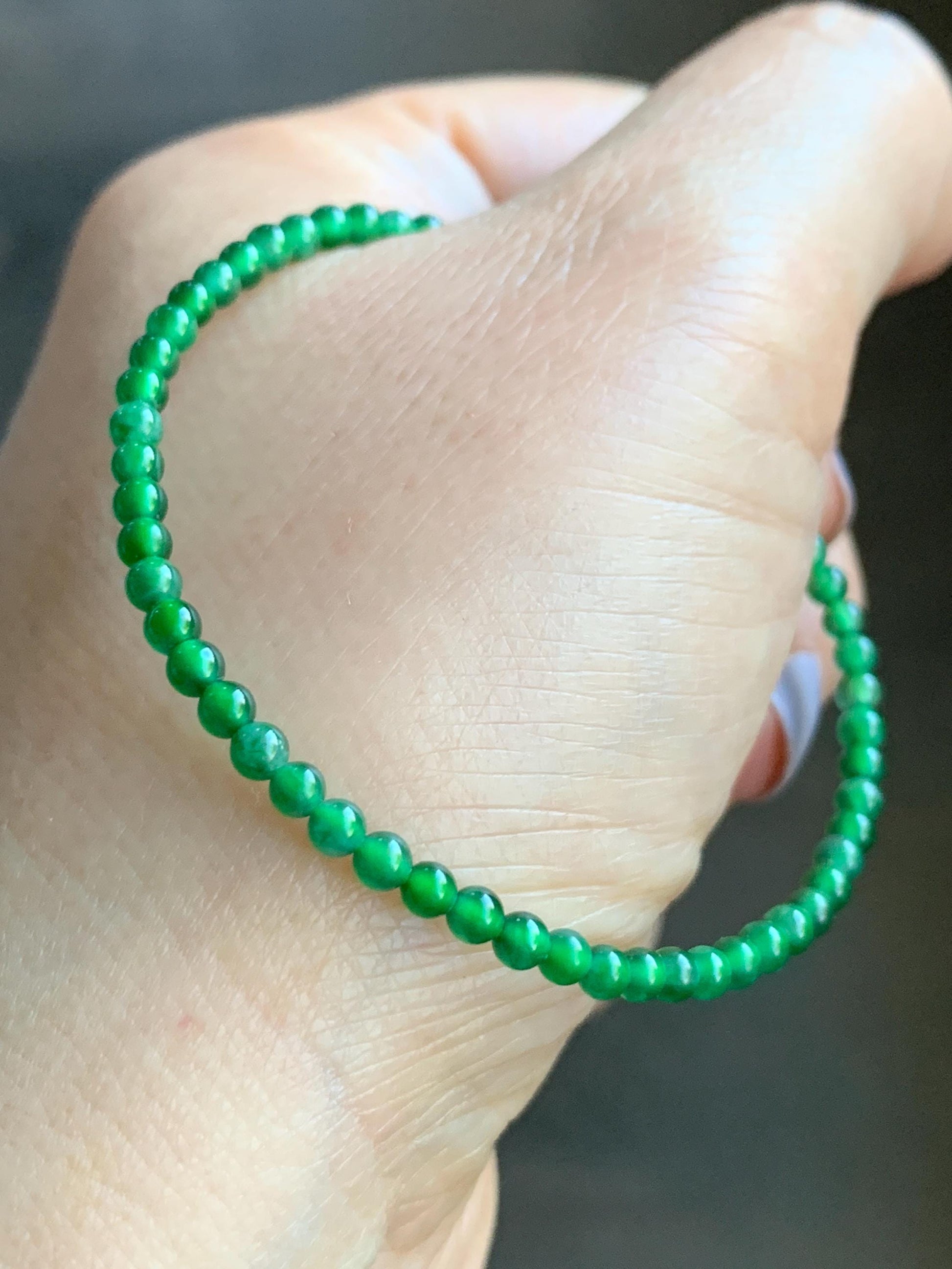 Natural Guatemalan Icy Highly Translucent Vibrant Green Jadeite Petite Round Beads Beaded Bracelet 7” 3mm 4g 天然高冰危绿翡翠小卡圆珠手串 XWL4006