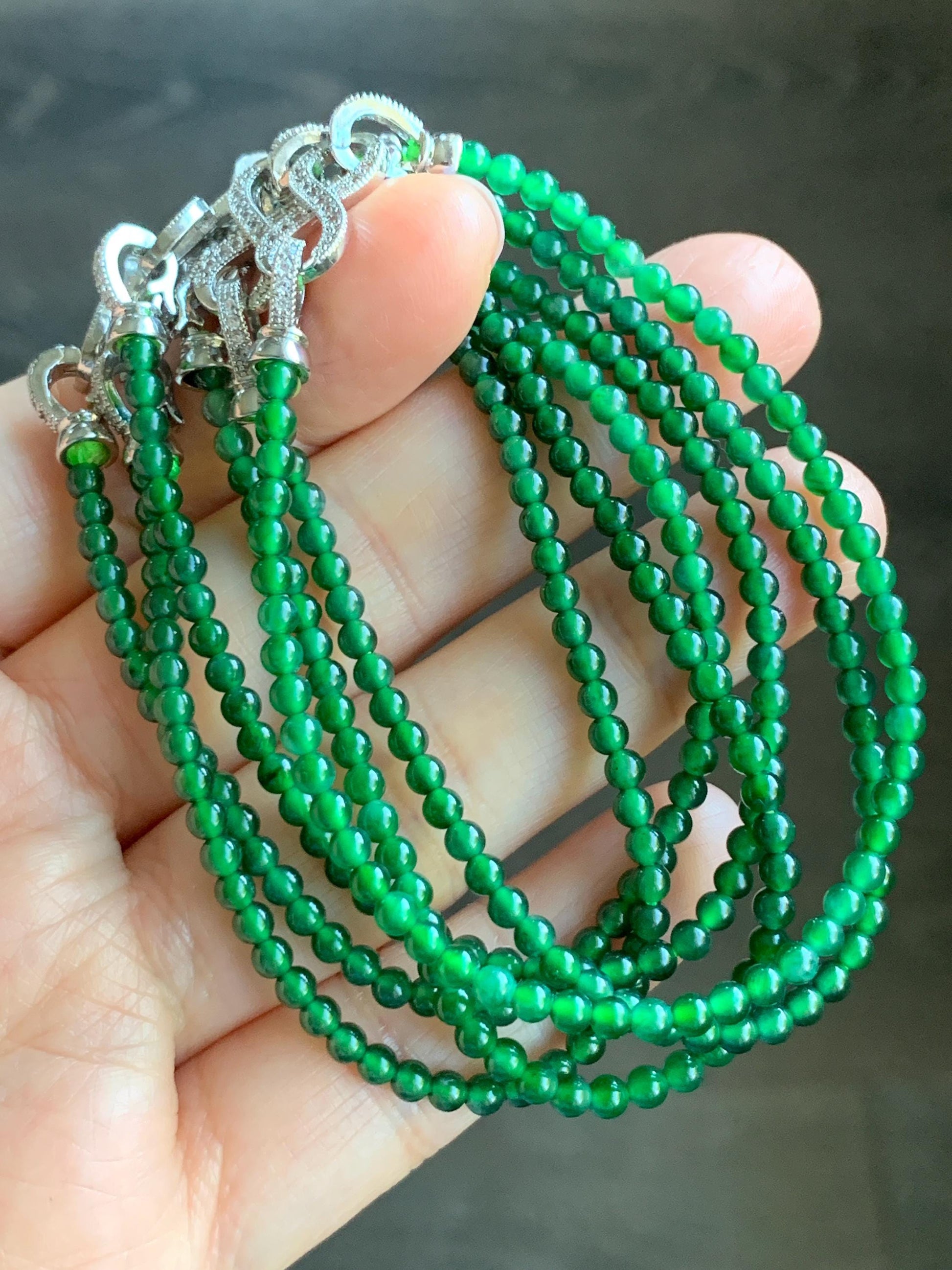 Natural Guatemalan Icy Highly Translucent Vibrant Green Jadeite Petite Round Beads Beaded Bracelet 7” 3mm 4g 天然高冰危绿翡翠小卡圆珠手串 XWL4006