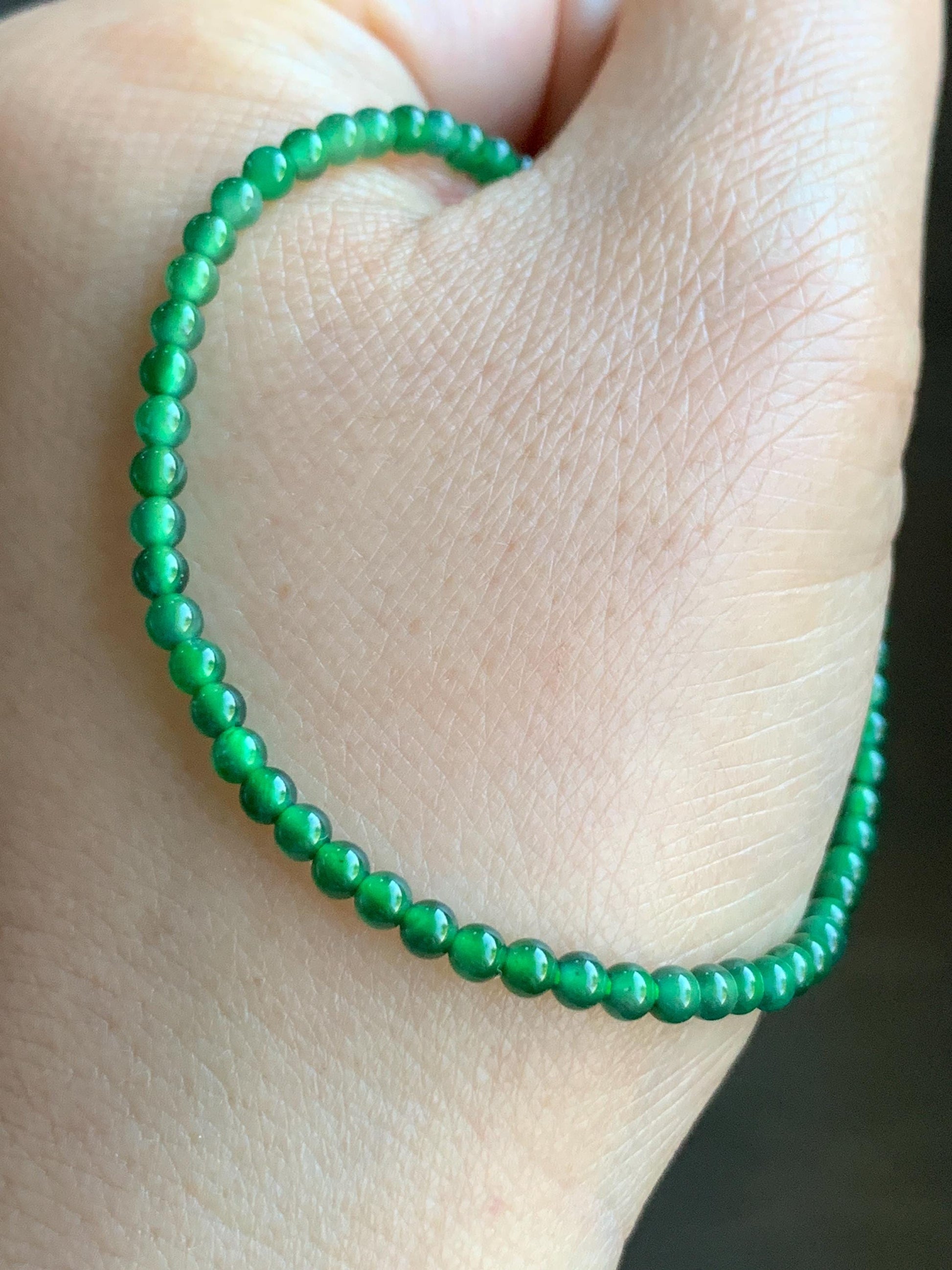 Natural Guatemalan Icy Highly Translucent Vibrant Green Jadeite Petite Round Beads Beaded Bracelet 7” 3mm 4g 天然高冰危绿翡翠小卡圆珠手串 XWL4006