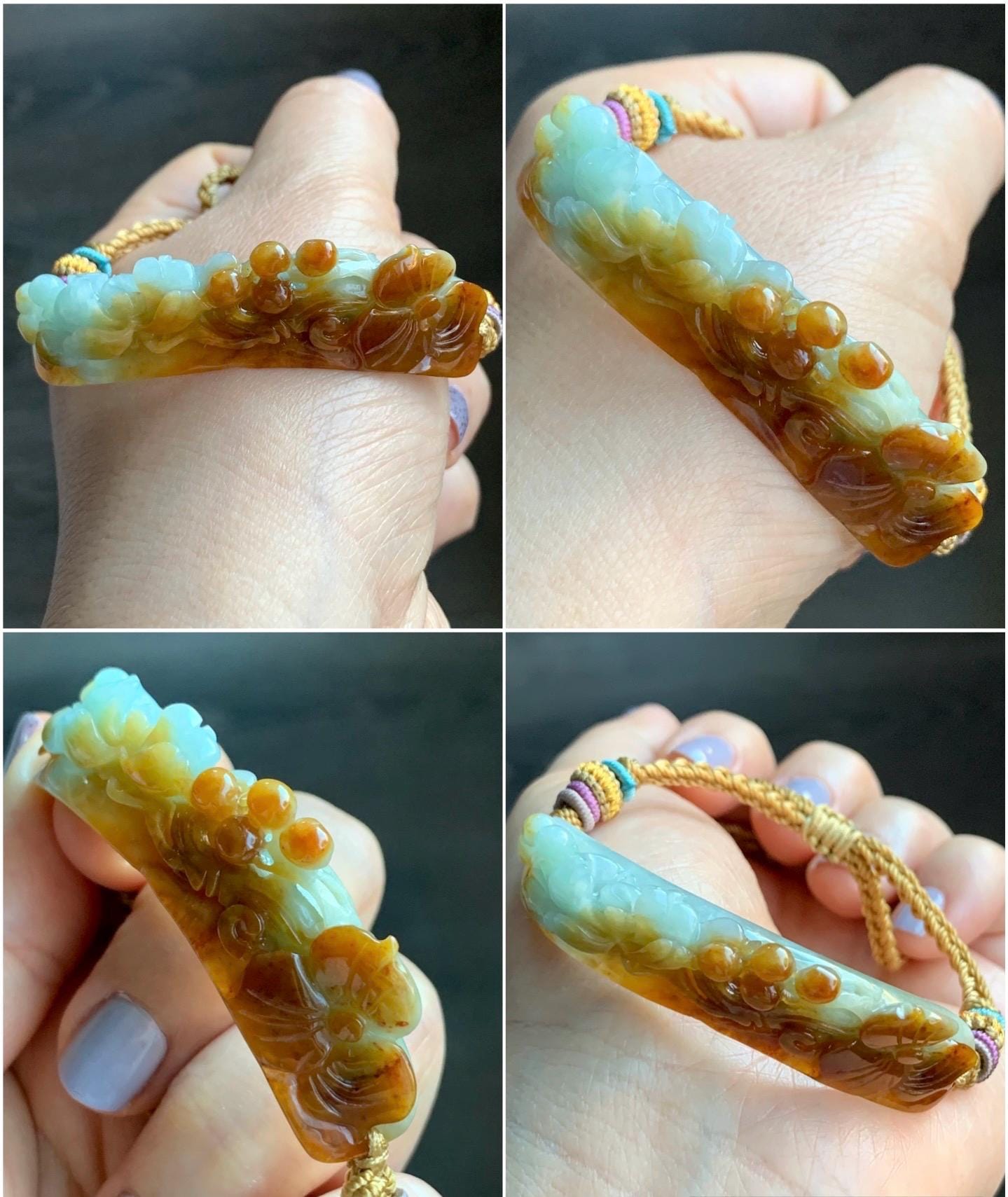 Certified Natural Burmese Icy Translucent Light Green Yellow Bicolored Jadeite Carved Lotus Flower Cuff Rope Bracelet 天然缅甸冰双色翡翠莲花手牌手绳 7839
