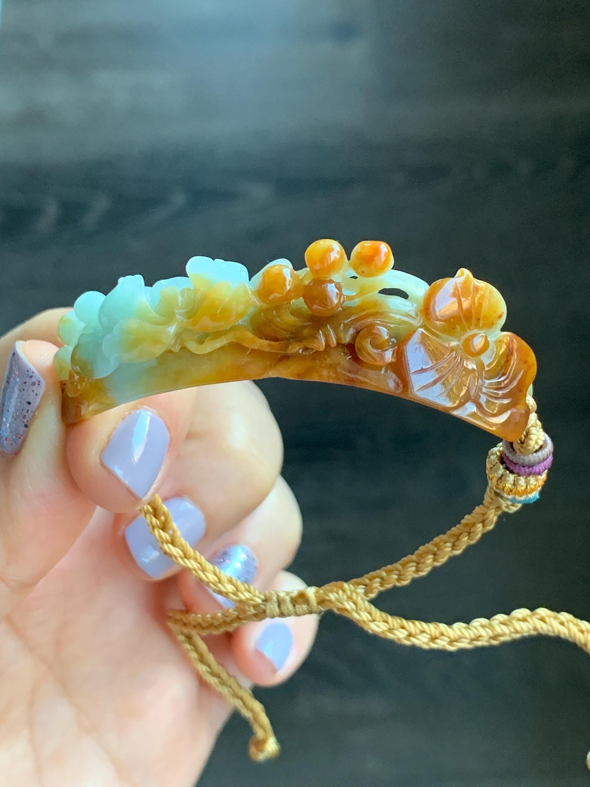 Certified Natural Burmese Icy Translucent Light Green Yellow Bicolored Jadeite Carved Lotus Flower Cuff Rope Bracelet 天然缅甸冰双色翡翠莲花手牌手绳 7839