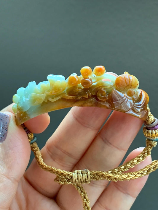 Certified Natural Burmese Icy Translucent Light Green Yellow Bicolored Jadeite Carved Lotus Flower Cuff Rope Bracelet 天然缅甸冰双色翡翠莲花手牌手绳 7839