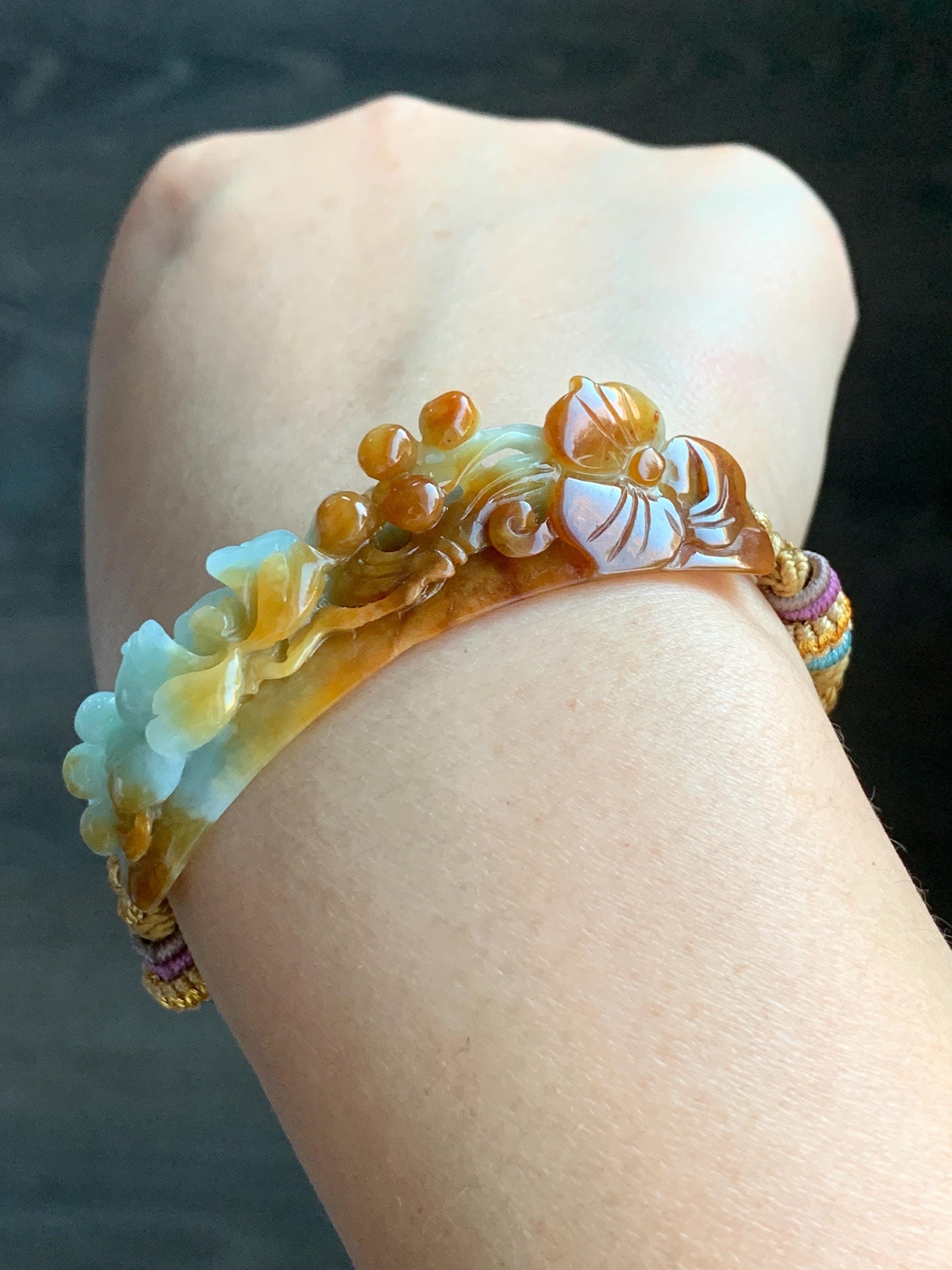 Certified Natural Burmese Icy Translucent Light Green Yellow Bicolored Jadeite Carved Lotus Flower Cuff Rope Bracelet 天然缅甸冰双色翡翠莲花手牌手绳 7839