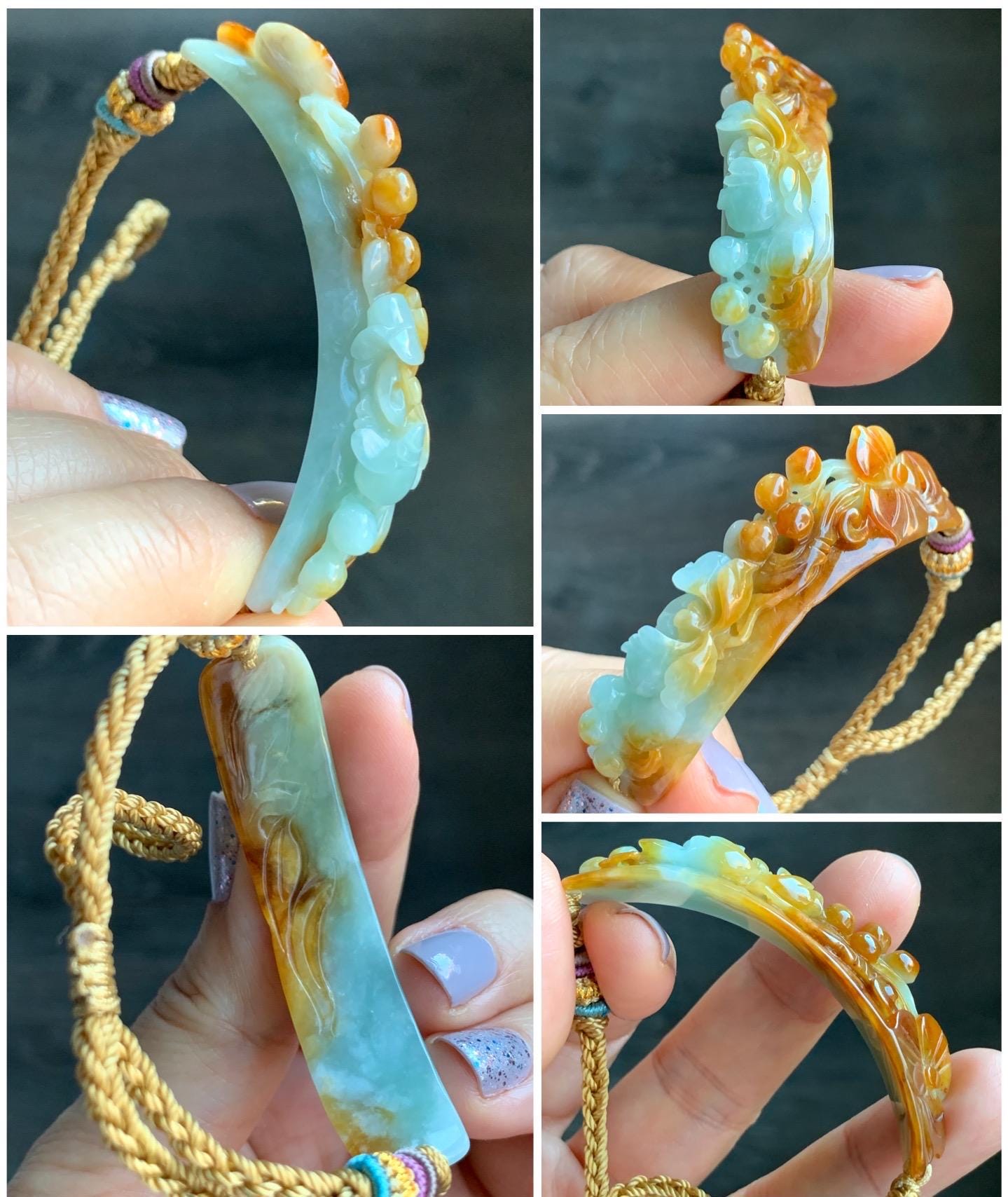 Certified Natural Burmese Icy Translucent Light Green Yellow Bicolored Jadeite Carved Lotus Flower Cuff Rope Bracelet 天然缅甸冰双色翡翠莲花手牌手绳 7839