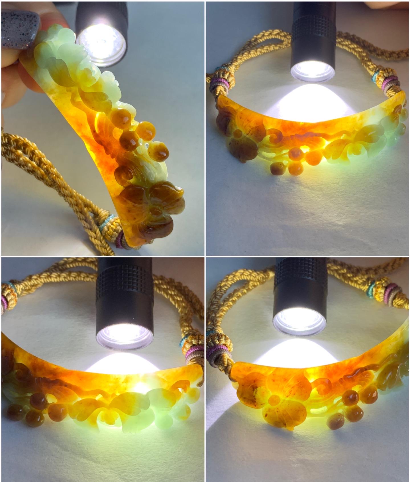 Certified Natural Burmese Icy Translucent Light Green Yellow Bicolored Jadeite Carved Lotus Flower Cuff Rope Bracelet 天然缅甸冰双色翡翠莲花手牌手绳 7839