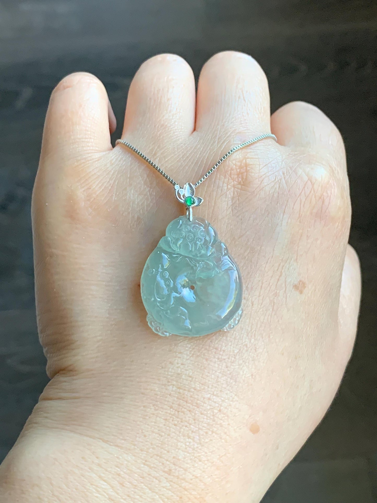 Certified Natural Burmese Premium Icy Light Green Jadeite Lotus Flower Goldfish Ping An Kou Donut Pendant Sterling Silver 天然缅甸冰胶起光晴底翡翠莲花鱼吊坠