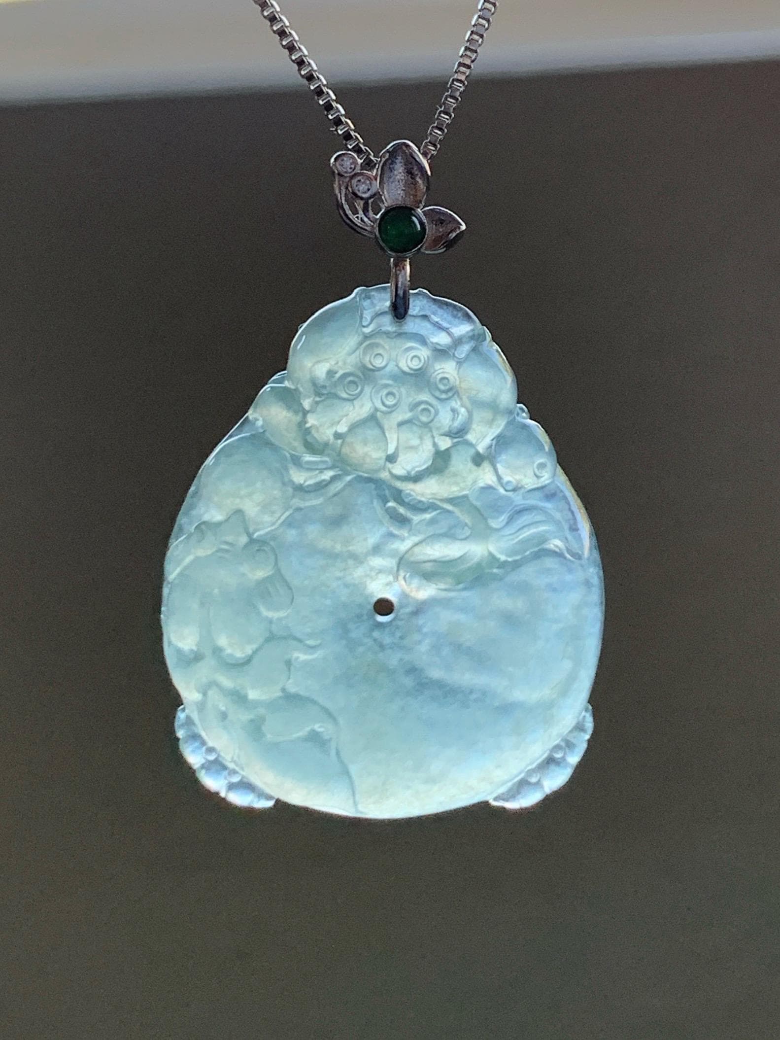 Certified Natural Burmese Premium Icy Light Green Jadeite Lotus Flower Goldfish Ping An Kou Donut Pendant Sterling Silver 天然缅甸冰胶起光晴底翡翠莲花鱼吊坠