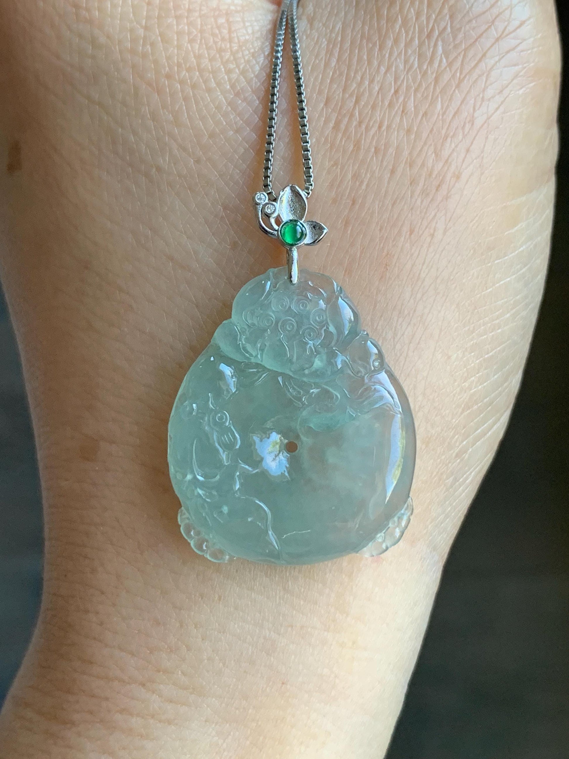Certified Natural Burmese Premium Icy Light Green Jadeite Lotus Flower Goldfish Ping An Kou Donut Pendant Sterling Silver 天然缅甸冰胶起光晴底翡翠莲花鱼吊坠