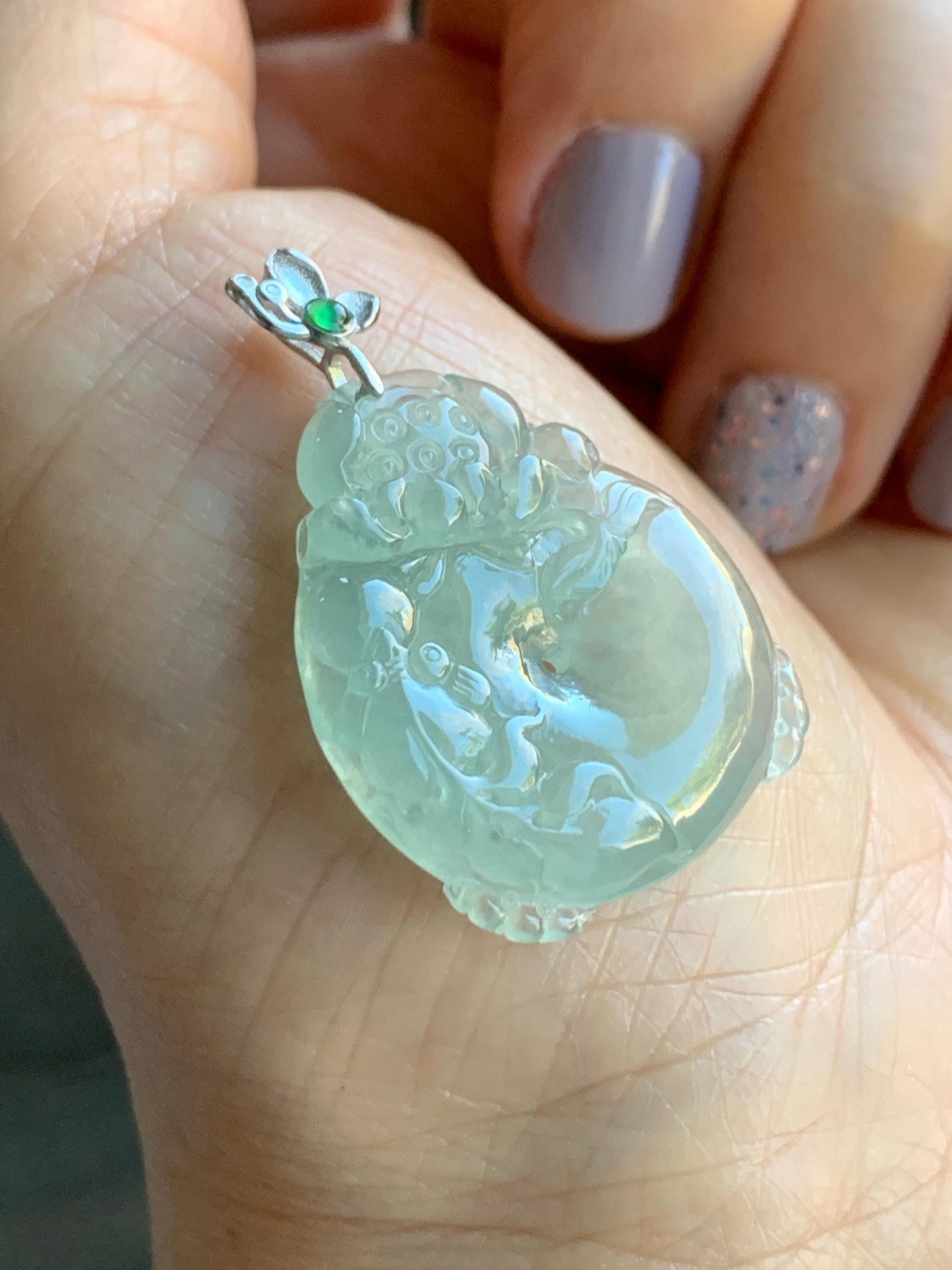 Certified Natural Burmese Premium Icy Light Green Jadeite Lotus Flower Goldfish Ping An Kou Donut Pendant Sterling Silver 天然缅甸冰胶起光晴底翡翠莲花鱼吊坠