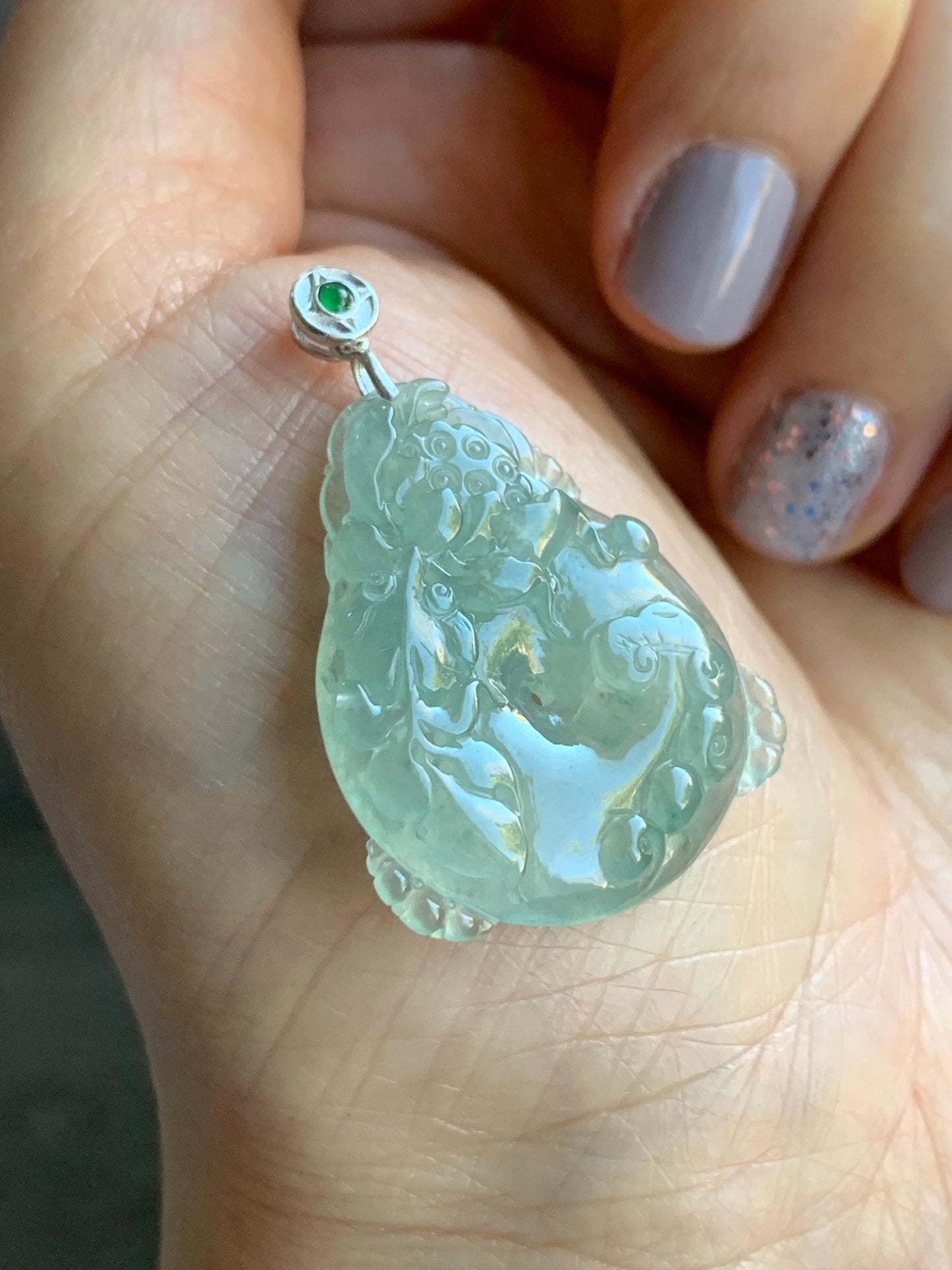 Certified Natural Burmese Premium Icy Light Green Jadeite Lotus Flower Goldfish Ping An Kou Donut Pendant Sterling Silver 天然缅甸冰胶起光晴底翡翠莲花鱼吊坠