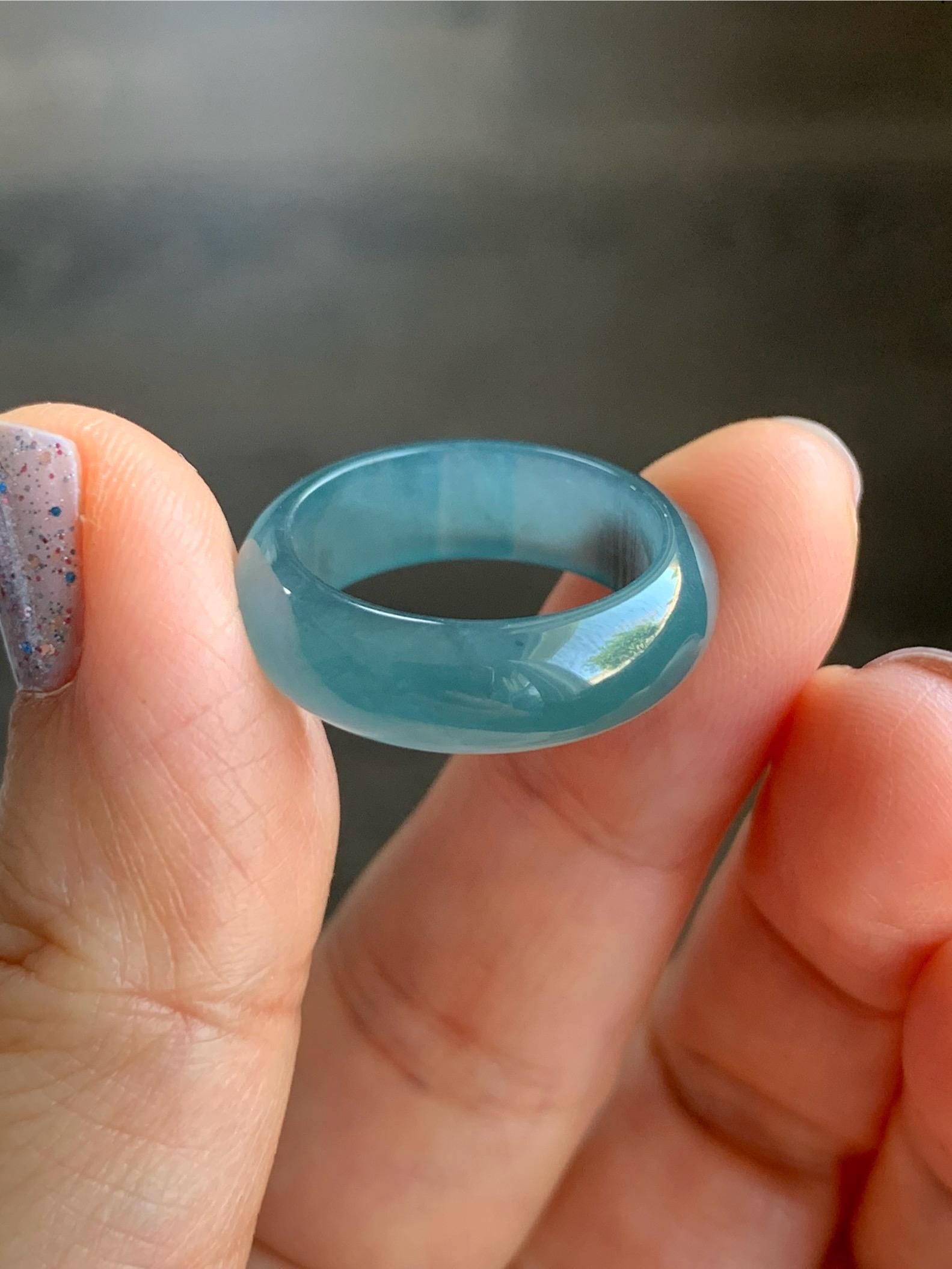 Natural Guatemalan Icy Translucent Gelatinous Dark Teal Blue Jadeite Wide Band Ring Size 7.75 US 天然冰危深蓝翡翠戒圈 SLB-B