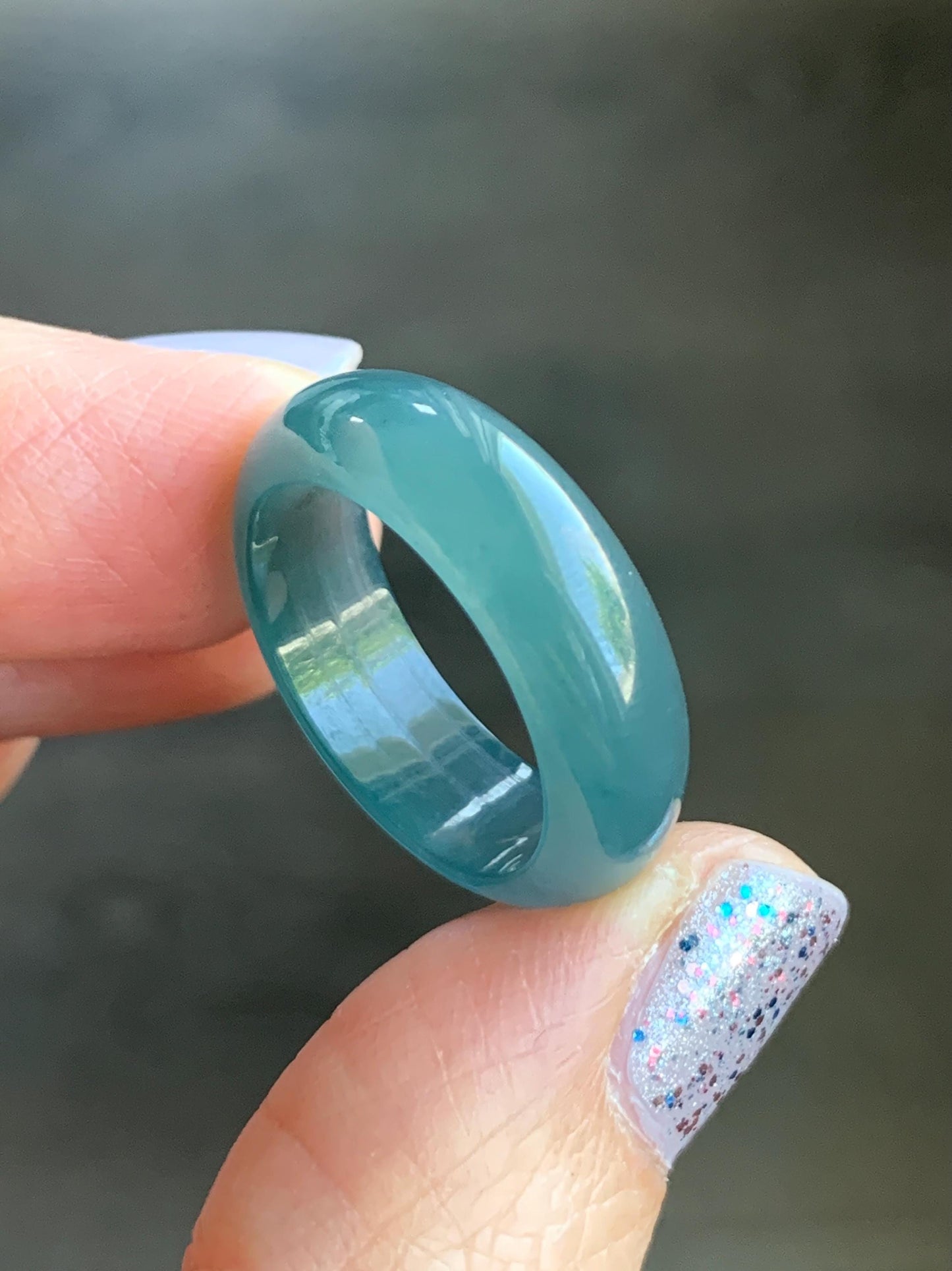 Natural Guatemalan Icy Translucent Gelatinous Dark Teal Blue Jadeite Wide Band Ring Size 7.75 US 天然冰危深蓝翡翠戒圈 SLB-B