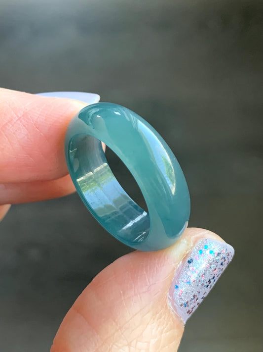 Natural Guatemalan Icy Translucent Gelatinous Dark Teal Blue Jadeite Wide Band Ring Size 7.75 US 天然冰危深蓝翡翠戒圈 SLB-B