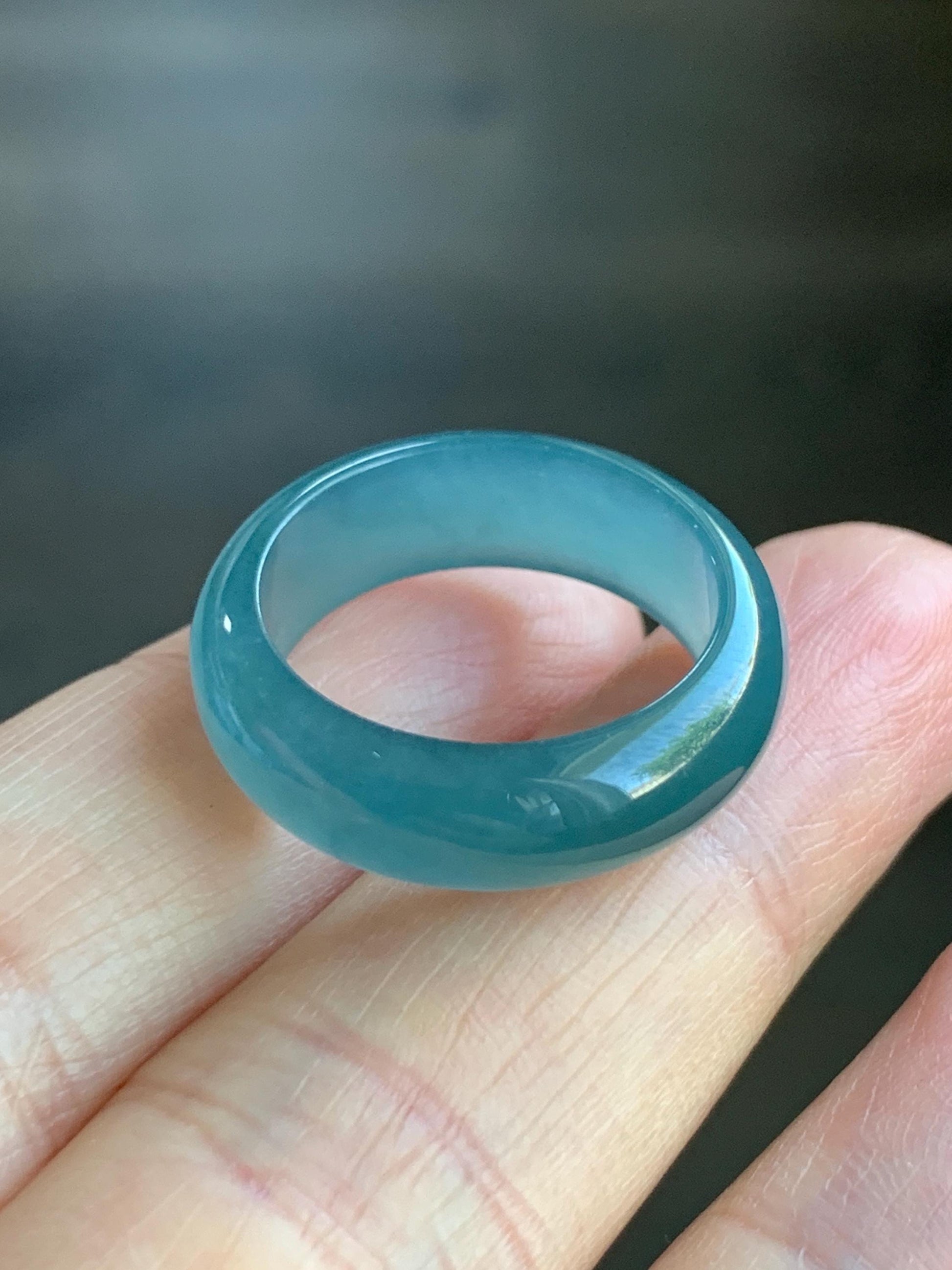 Natural Guatemalan Icy Translucent Gelatinous Dark Teal Blue Jadeite Wide Band Ring Size 7.75 US 天然冰危深蓝翡翠戒圈 SLB-B