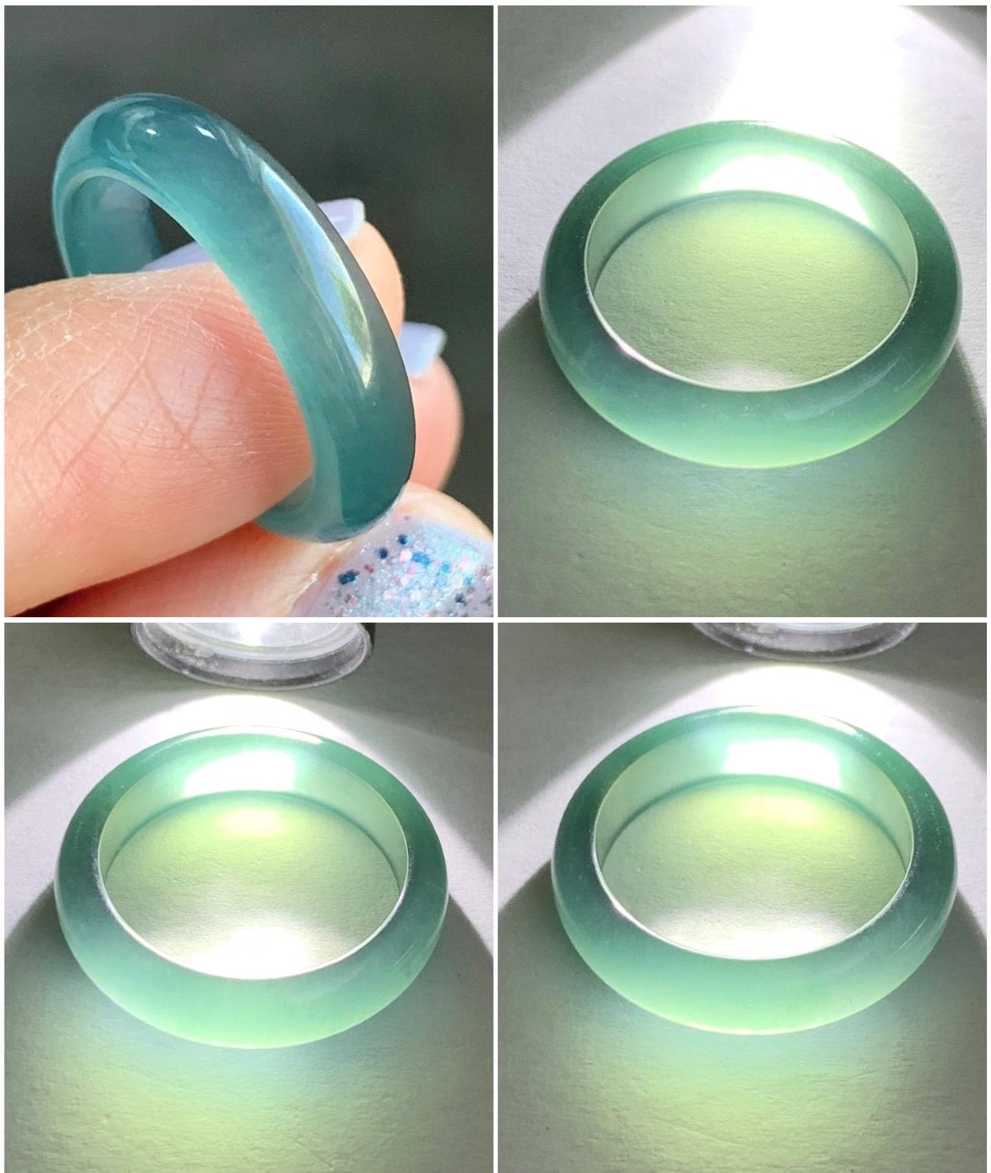 Natural Guatemalan Icy Translucent Gelatinous Dark Teal Blue Jadeite Wide Band Ring Size 6.75 US 天然冰危深蓝翡翠戒圈 SLB-A